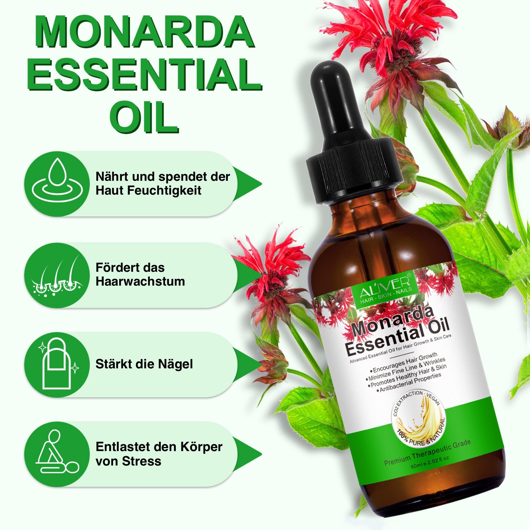 ALIVER Haaröl Monardaöl Wilde Bergamotte Monarda Bienenbalsam Ätherisches Hautöl, 1-tlg., Haaröl, Augenbrauen, Wimpern,Gesicht