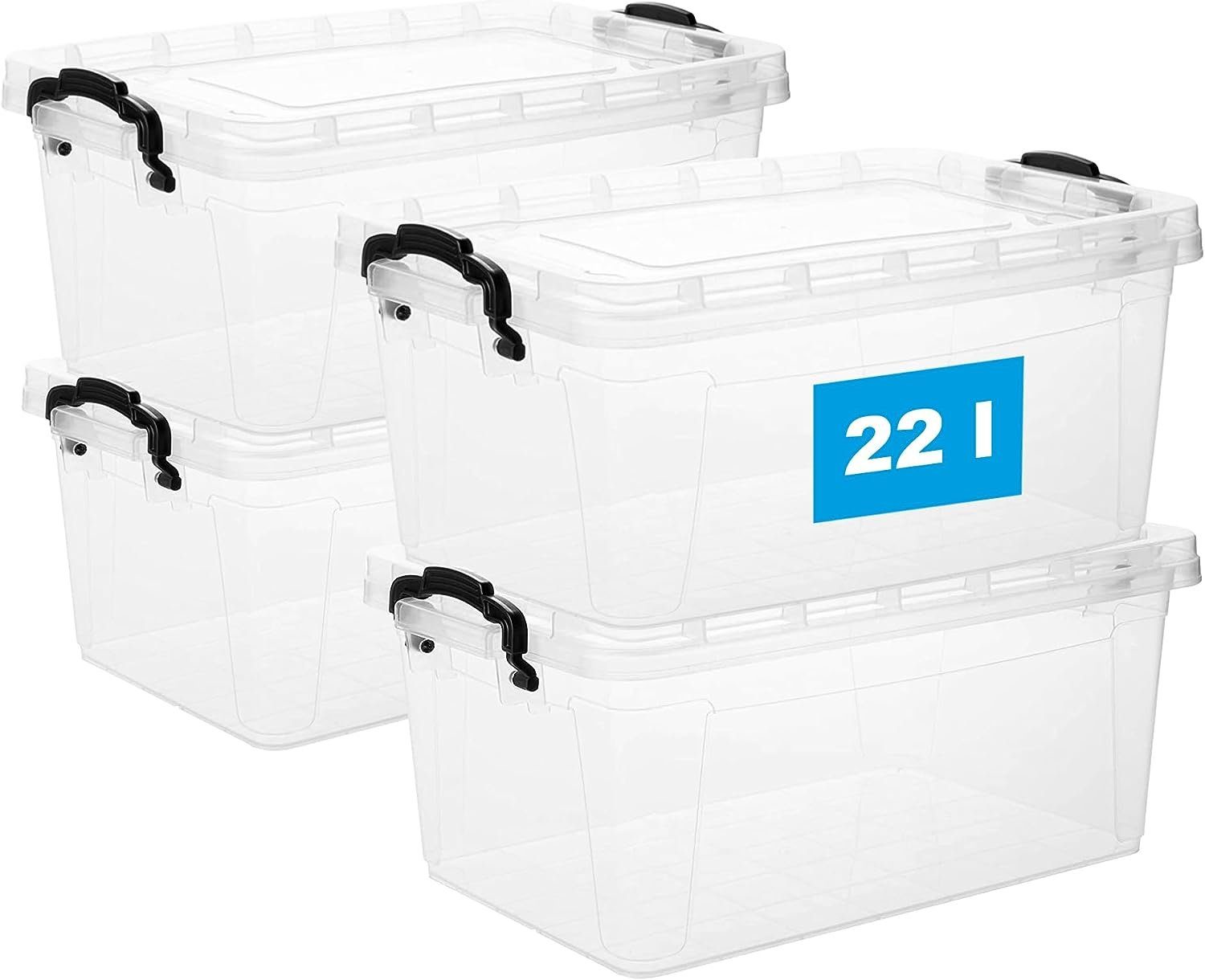 Centi Aufbewahrungsbox Stapelbare Plastikbox 22 Liter aus  lebensmittelechtem Kunststoff (4er Set Boxen mit Deckl), transparent –  Ideal für Küche & Haushalt