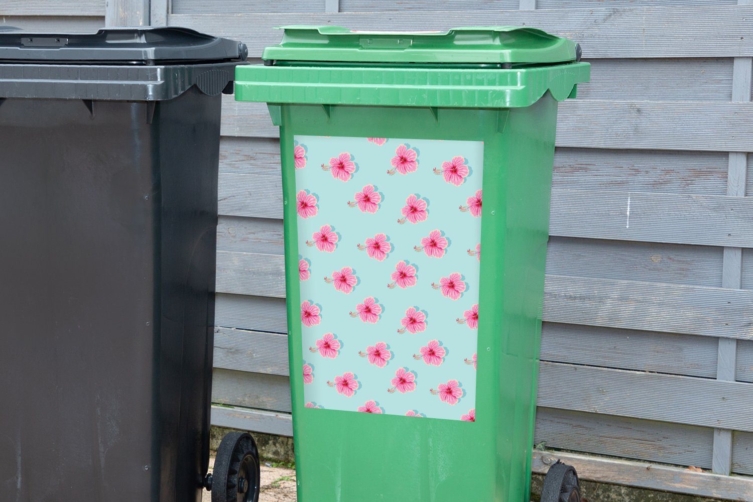 Mülltonne, Sommerlich Container, St), Rosa Abfalbehälter Blumen - Blau Mülleimer-aufkleber, MuchoWow (1 - Sticker, - Wandsticker