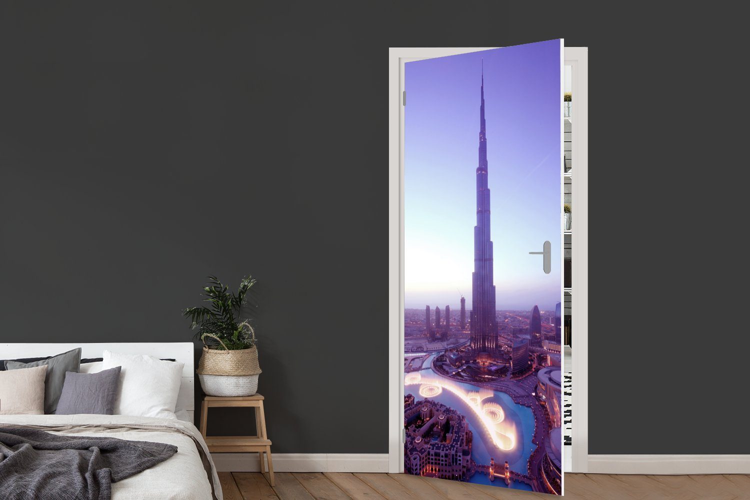 den Khalifa für (1 bedruckt, helle Dubai, Fototapete in Sonne Türaufkleber, MuchoWow Matt, Burj 75x205 St), Tür, cm auf Türtapete scheint Die