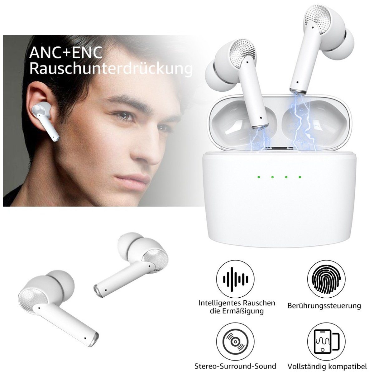 (ENC) Bluetooth (TWS,ohne (ANC), LED-Anzeige, In-Ear-Kopfhörer Assistent, Ohrhörer Bluetooth Echo Noise Noise Kopfhörer 5.2, Hi-Fi-Sound Cancellation Cancelling Weiß Google Greensky wireless Siri, Active J8,