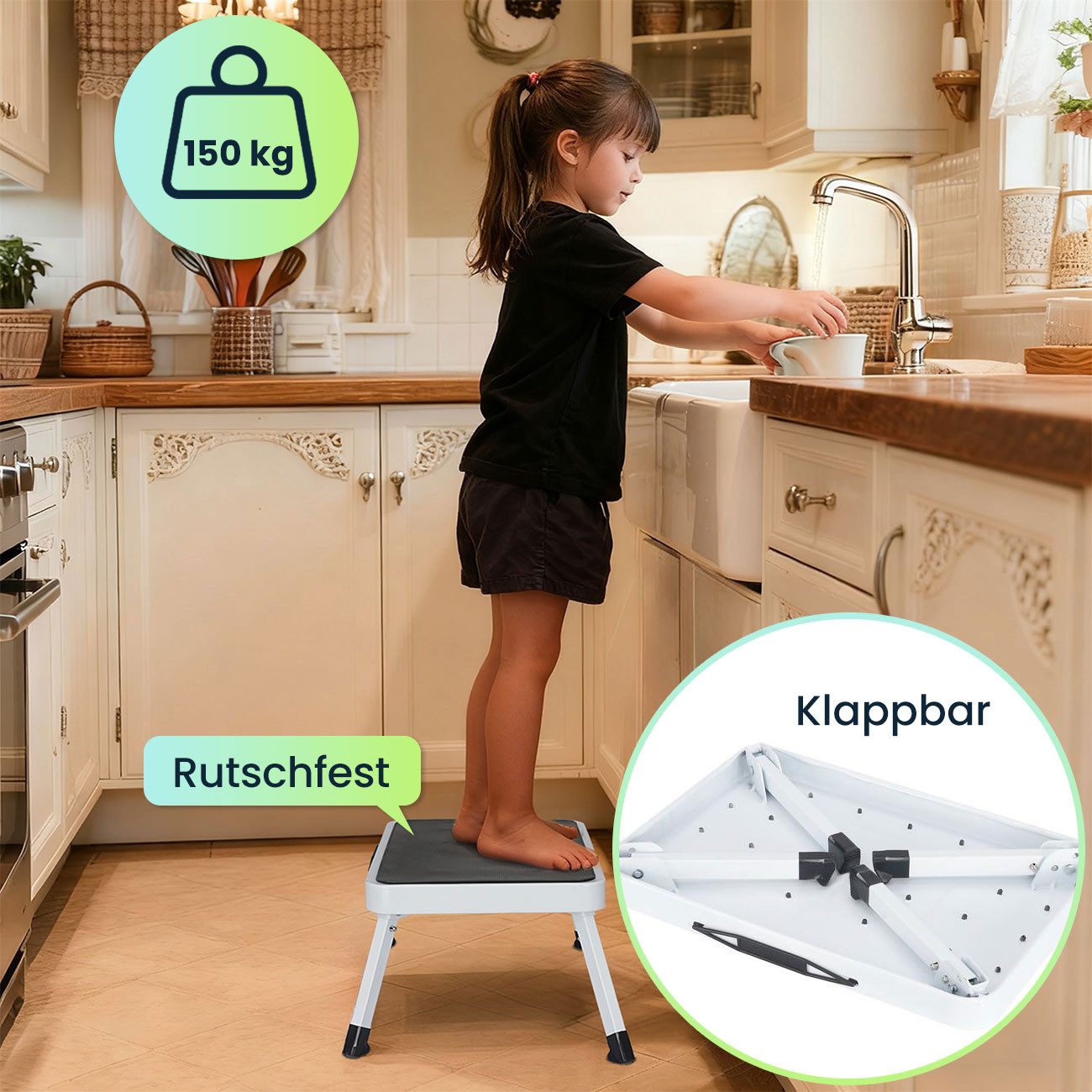shop'n smile ideoon Tritthocker Stabiler Tritthocker 150 kg Anti-Rutsch Küchenleiter klappbar (erhältlich als 1er-Set & 2er-Set), Klappsicherungen, platzsparend, vielseitiger Helfer, 1,7kg