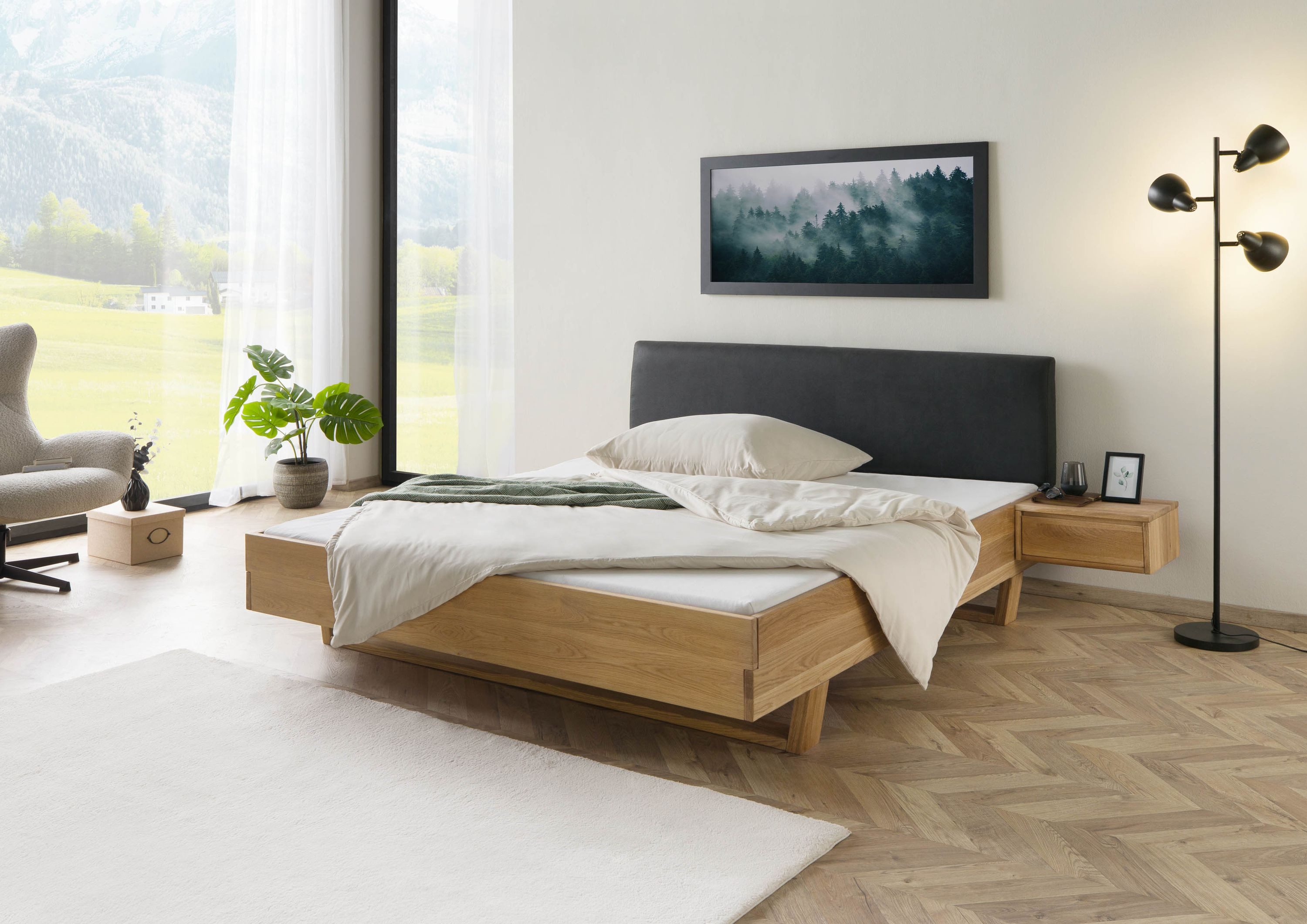 Massivmoebel24 Massivholzbett FICHTELBERG (mit Nachttisch Fichte 160x200x85 Kopfteil anthrazit FICHTELBERG #42), mit Nachttisch Fichte 160x200x85 Kopfteil anthrazit FICHTELBERG #42