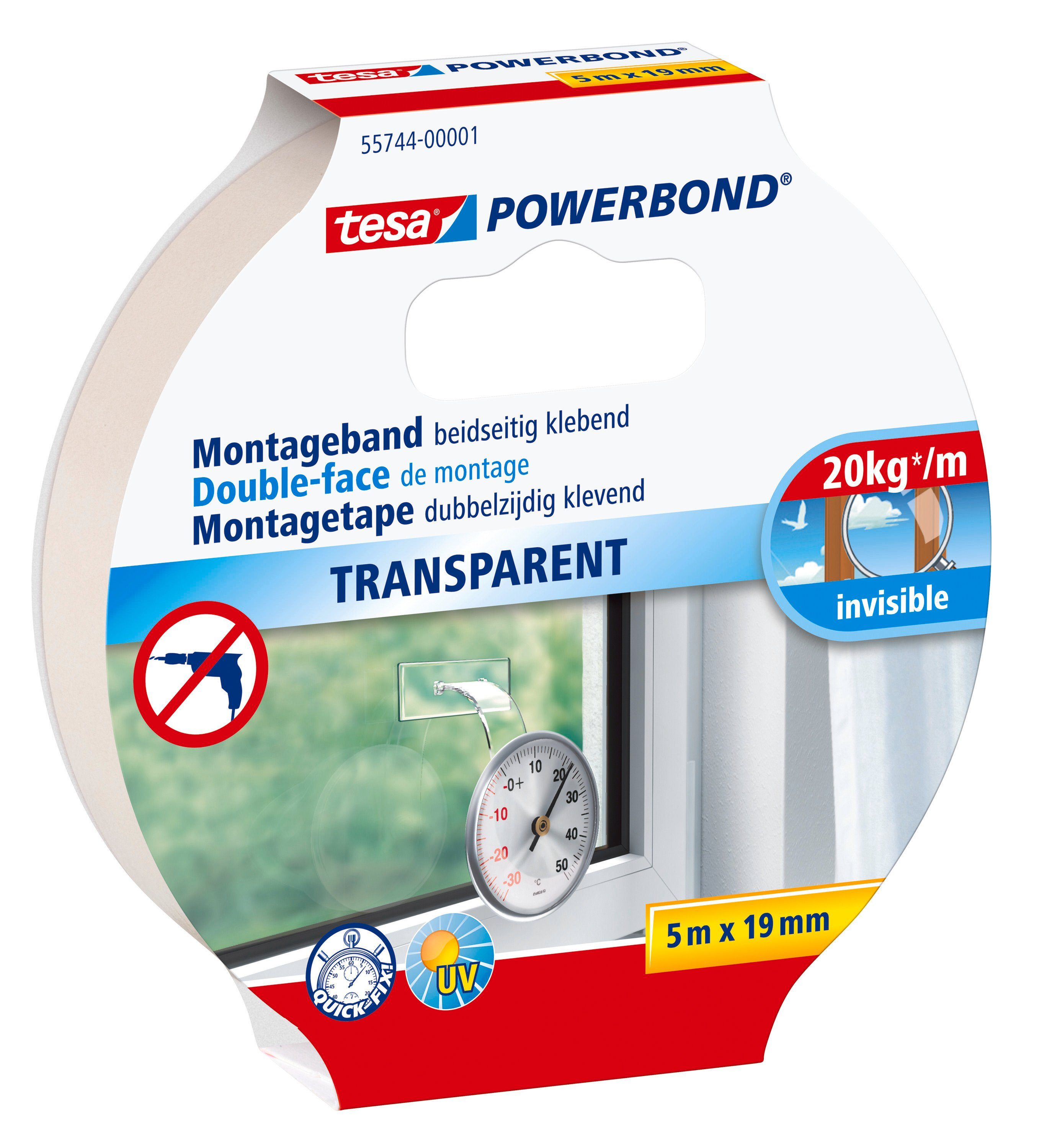 tesa Doppelklebeband Powerbond Montageband (Packung, 1-St., Montageklebeband) Monatgeklebeband transparent extra stark - 5 m : 19 mm