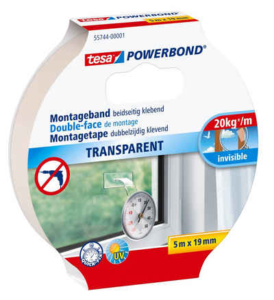 tesa Doppelklebeband Powerbond Montageband (Packung, 1-St., Montageklebeband) Monatgeklebeband transparent extra stark - 5 m : 19 mm