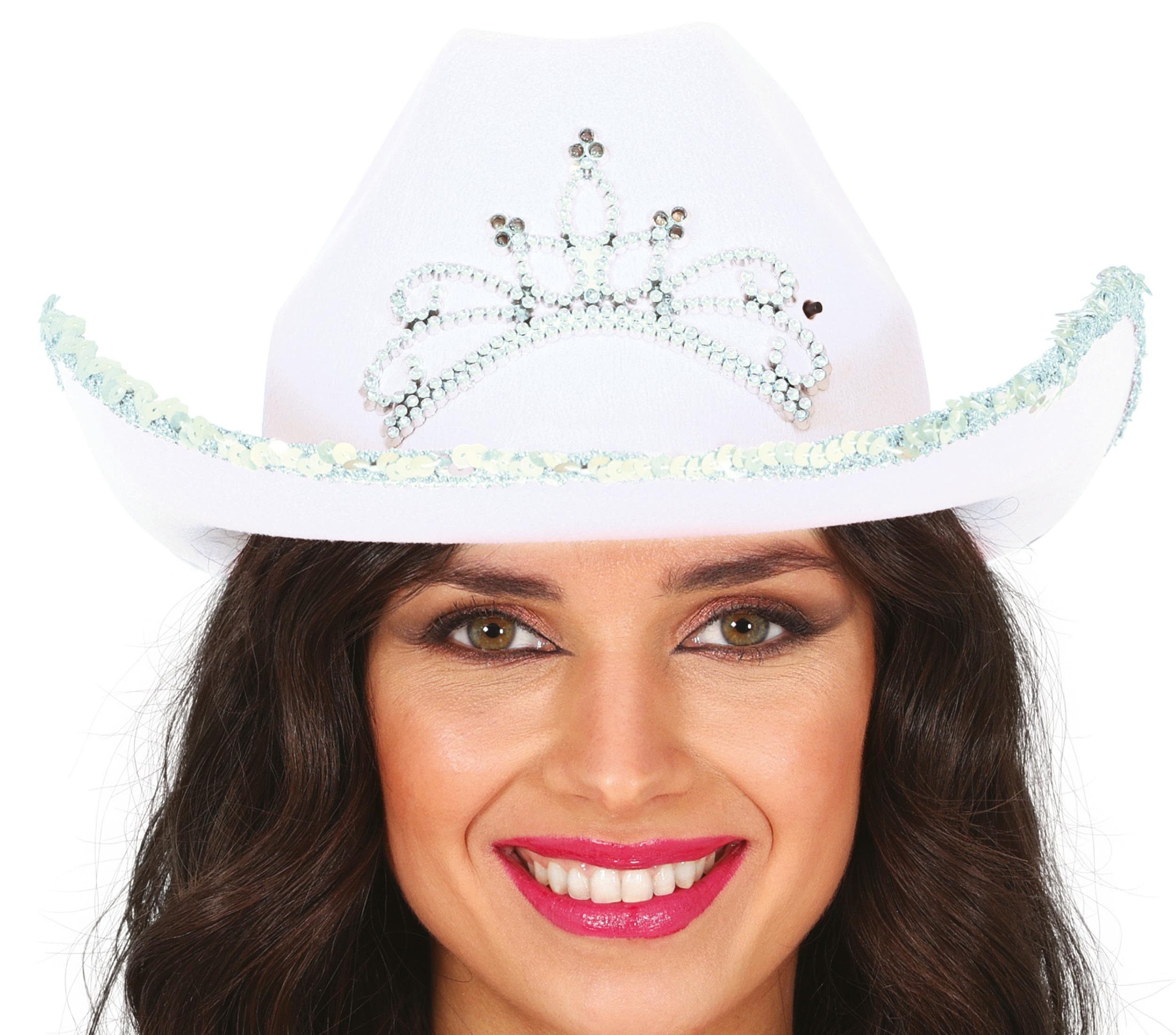 Fiestas Guirca Kostüm, Cowboyhut Karneval Weiß Strass Western Kopfbedeckung Partykostüm Pru
