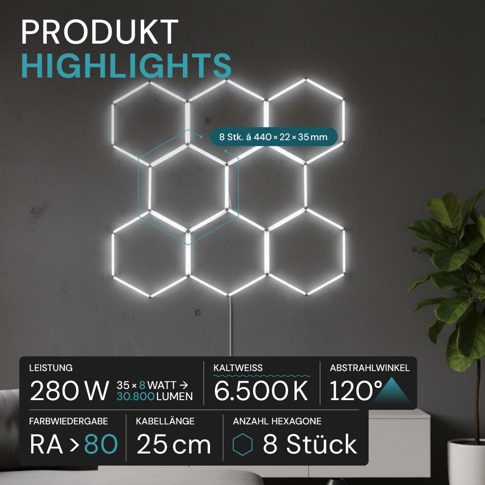 LUXULA LED Deckenleuchte Hexagon Form, LED fest integriert, Tageslichtweiß, erweiterbare sechseckige Deckenlampe