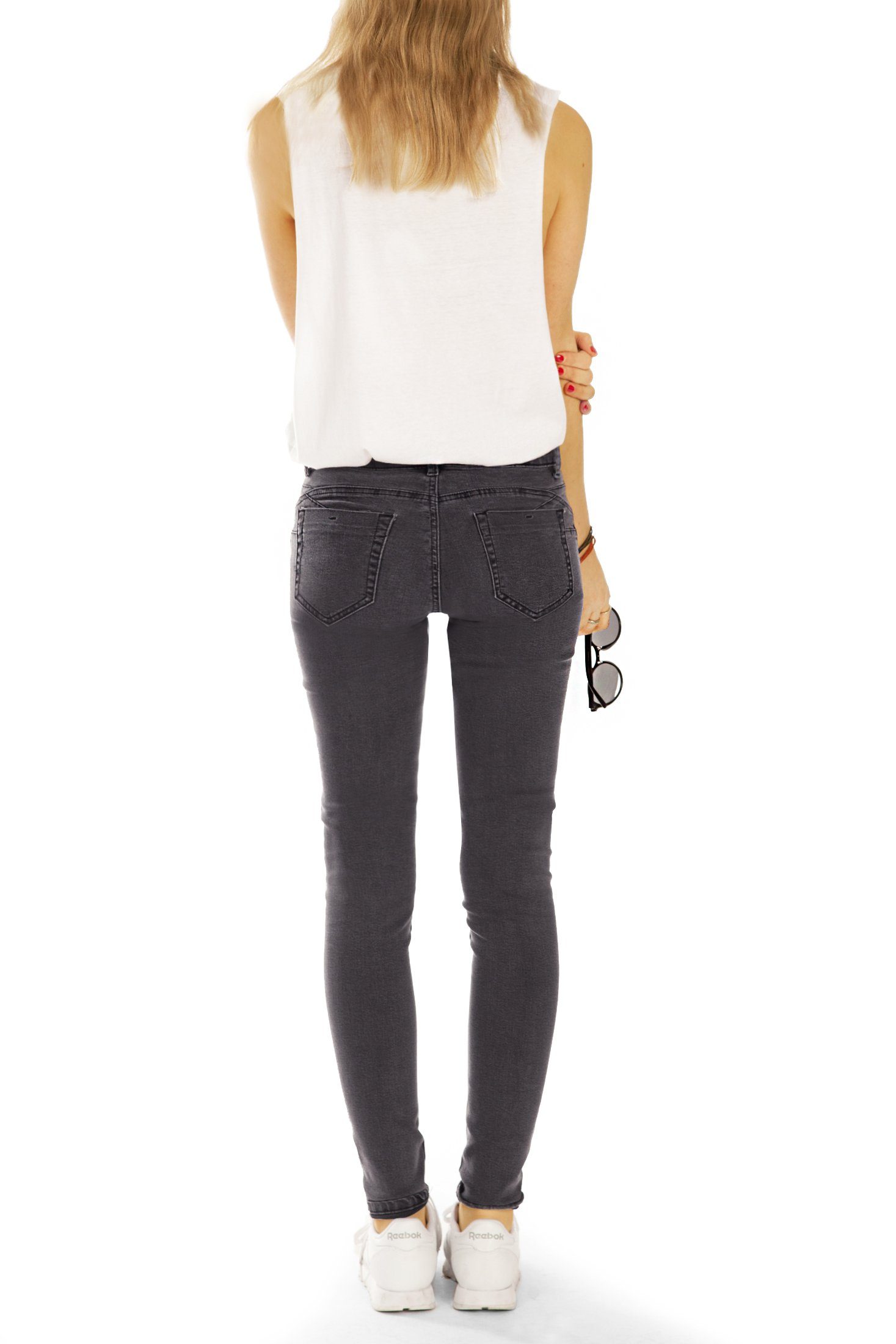 Damenjeans, fit slim styled j8f-1 waist medium Röhrenhose dungelgraue Skinny-fit-Jeans be