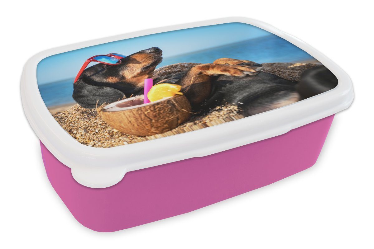 MuchoWow Lunchbox Hund - Sonnenbrille - Strand - Sommer, Kunststoff, (2-tlg), Brotbox für Erwachsene, Brotdose Kinder, Snackbox, Mädchen, Kunststoff rosa