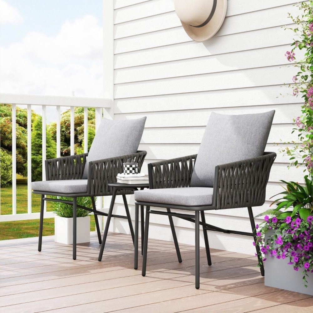 REDOM Sitzgruppe Graues 3-tlg. Rattan-Set Ø 40x49 cm aus Stahl, (Set, 3-tlg., Kompakte Garnitur – ideal für kleine Außenbereiche), 2 Gartensessel + Couchtisch, Kissen abnehmbar