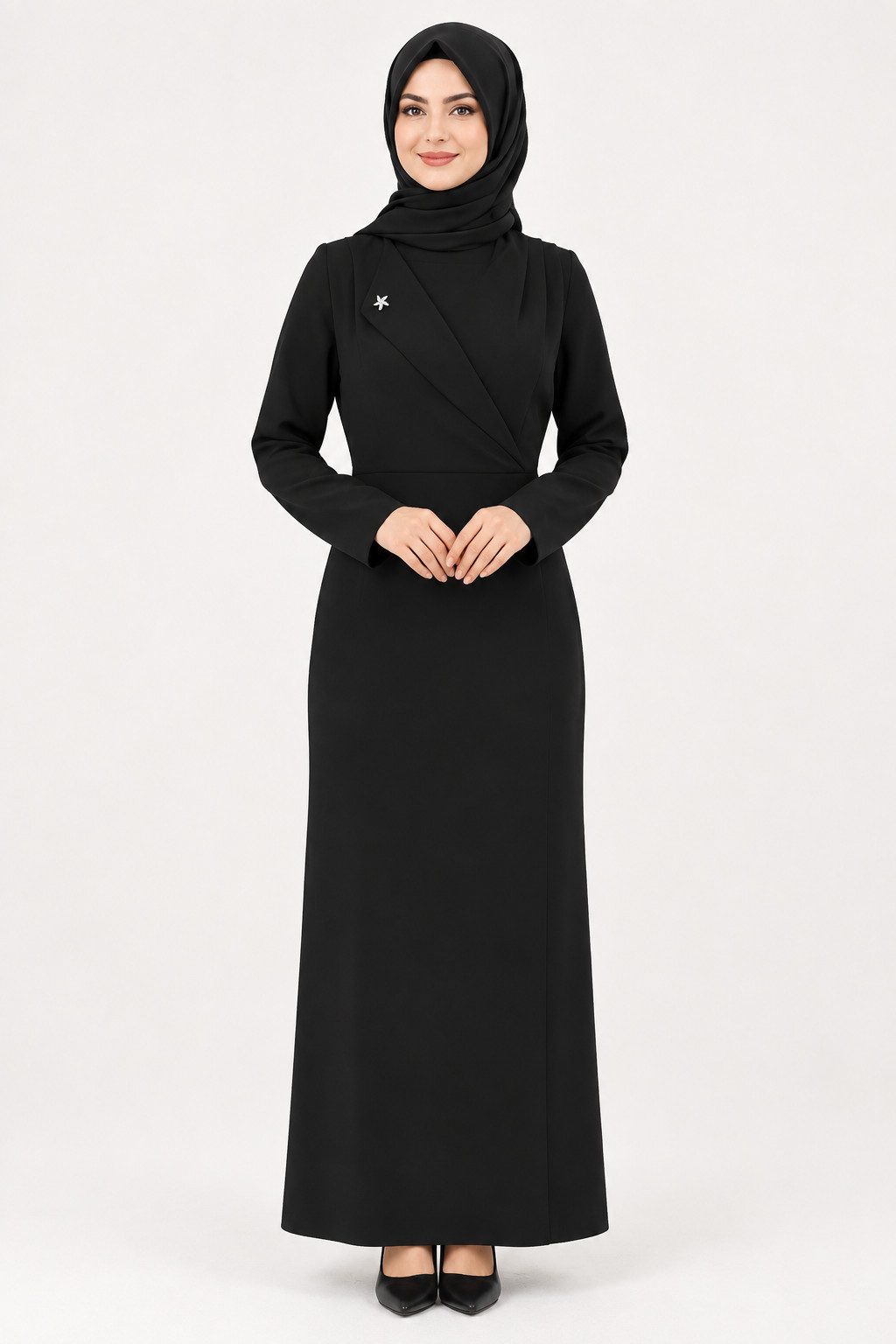 fashionshowcase Maxikleid Damen Kleid Wickeloptik A-Linie Krepp Langarm elegant tailliert elegante Wickeloptik, dezentes Schmuckdetail