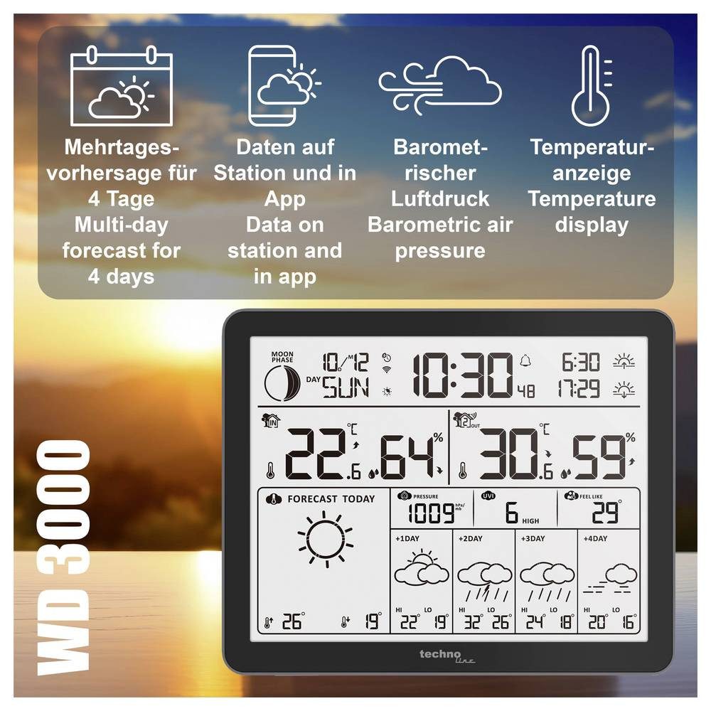 Techno Line WD3000 WLAN-Wetterstation Vorhersage für 4 Tage Anzahl Sensoren max. Wetterstation