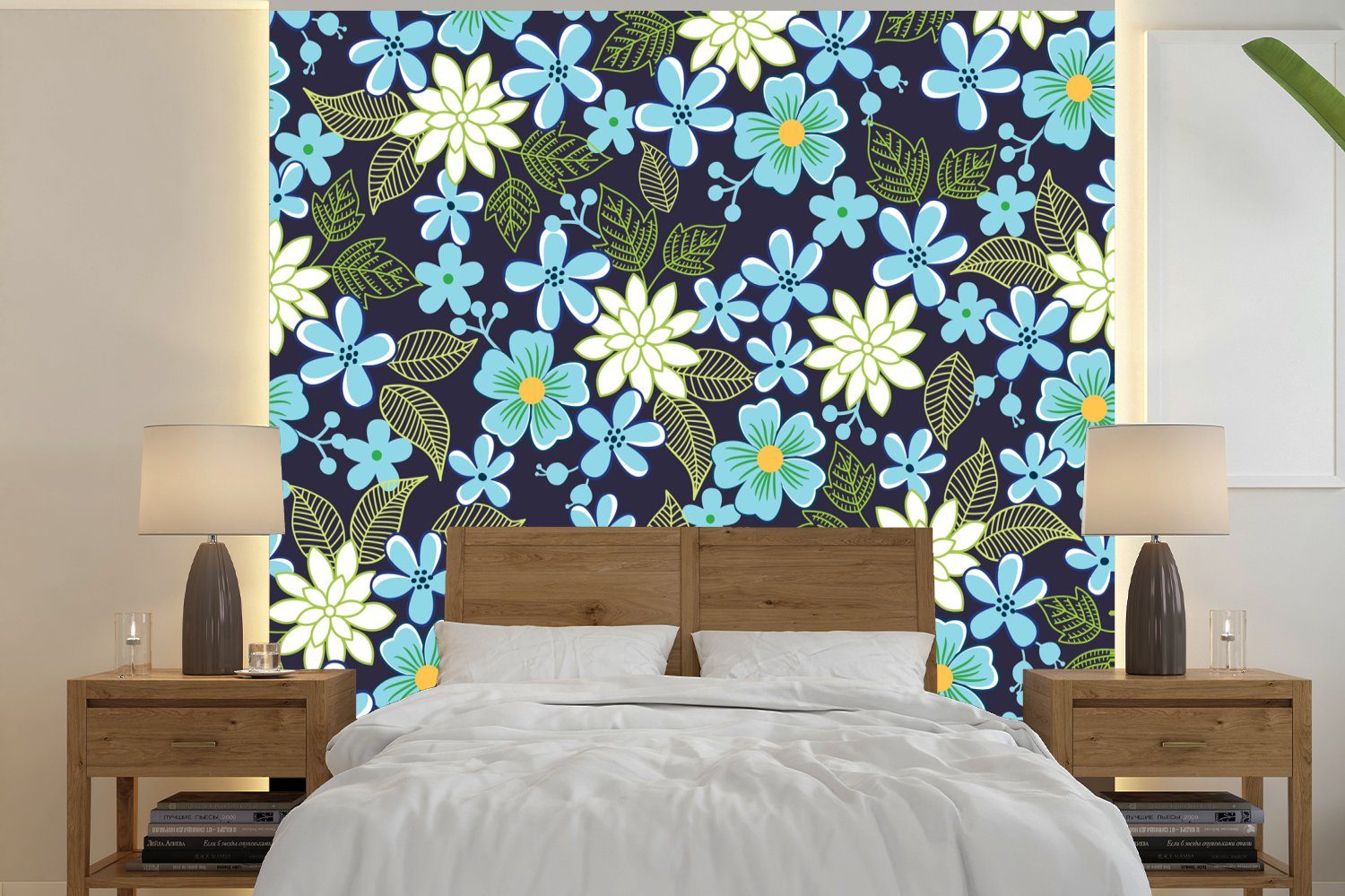 MuchoWow Fototapete Blumen - Blätter - Blau, Matt, bedruckt, (4 St), Vliestapete für Wohnzimmer Schlafzimmer Küche, Fototapete | Fototapeten