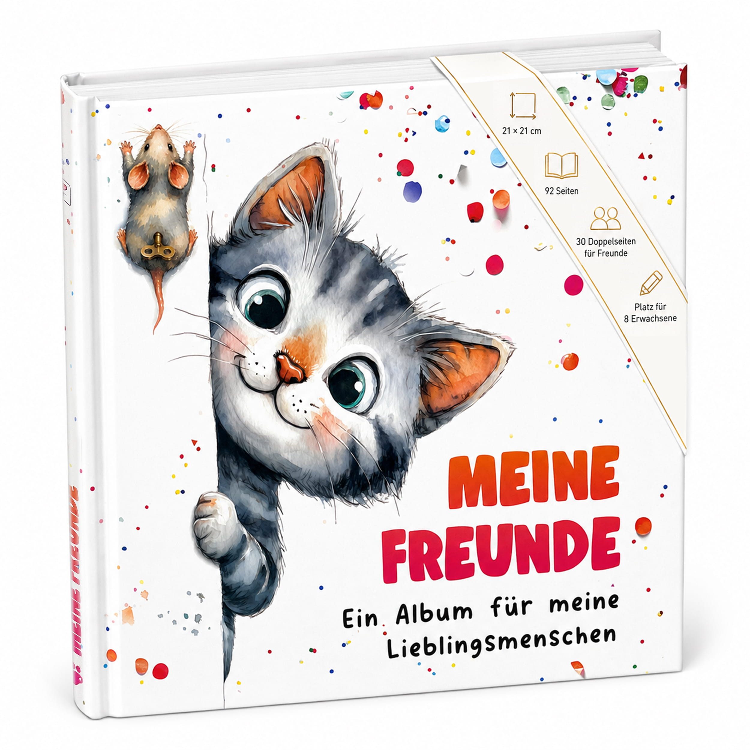 TOBJA Poesiealbum Freundebuch Grundschule Katze 21x21 cm - 30 Freunde, 8 Erwachsene, Katzen-Motiv, 92 Seiten, 30 Doppelseiten, FSC®-Papier