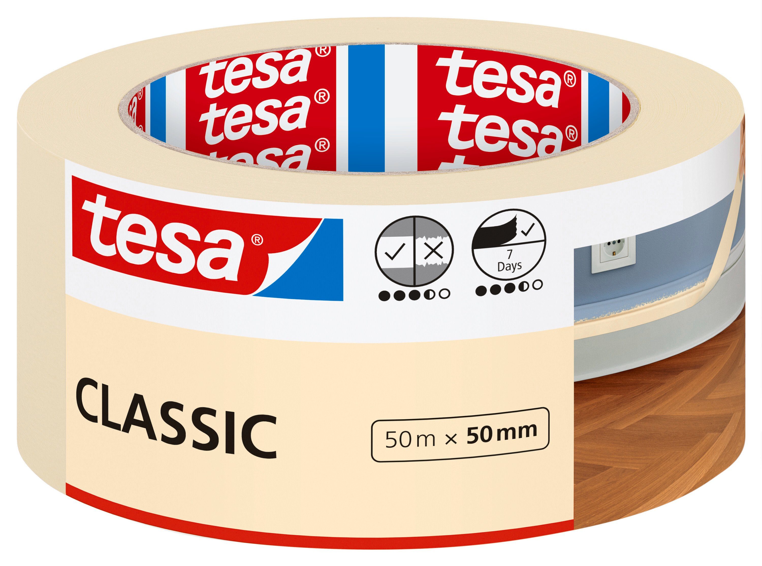 tesa Kreppband CLASSIC Malerband (Packung, 1-St) Abklebeband / Malerkrepp - für sauberes Streichen & Renovieren