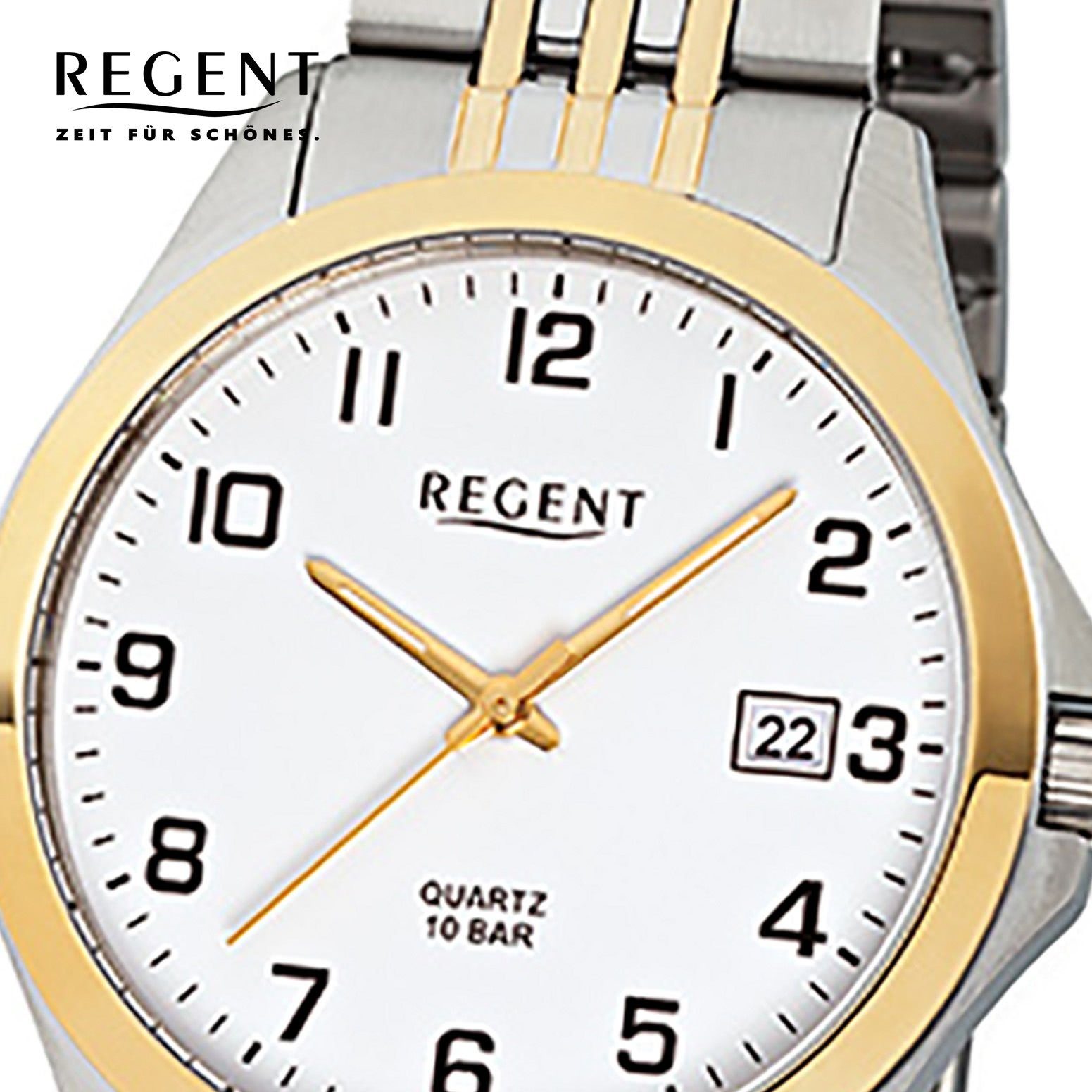 Regent Quarzuhr Regent Herren-Armbanduhr silber gold Analog, (Analoguhr), Herren Armbanduhr rund, mittel (ca. 39mm), Edelstahlarmband