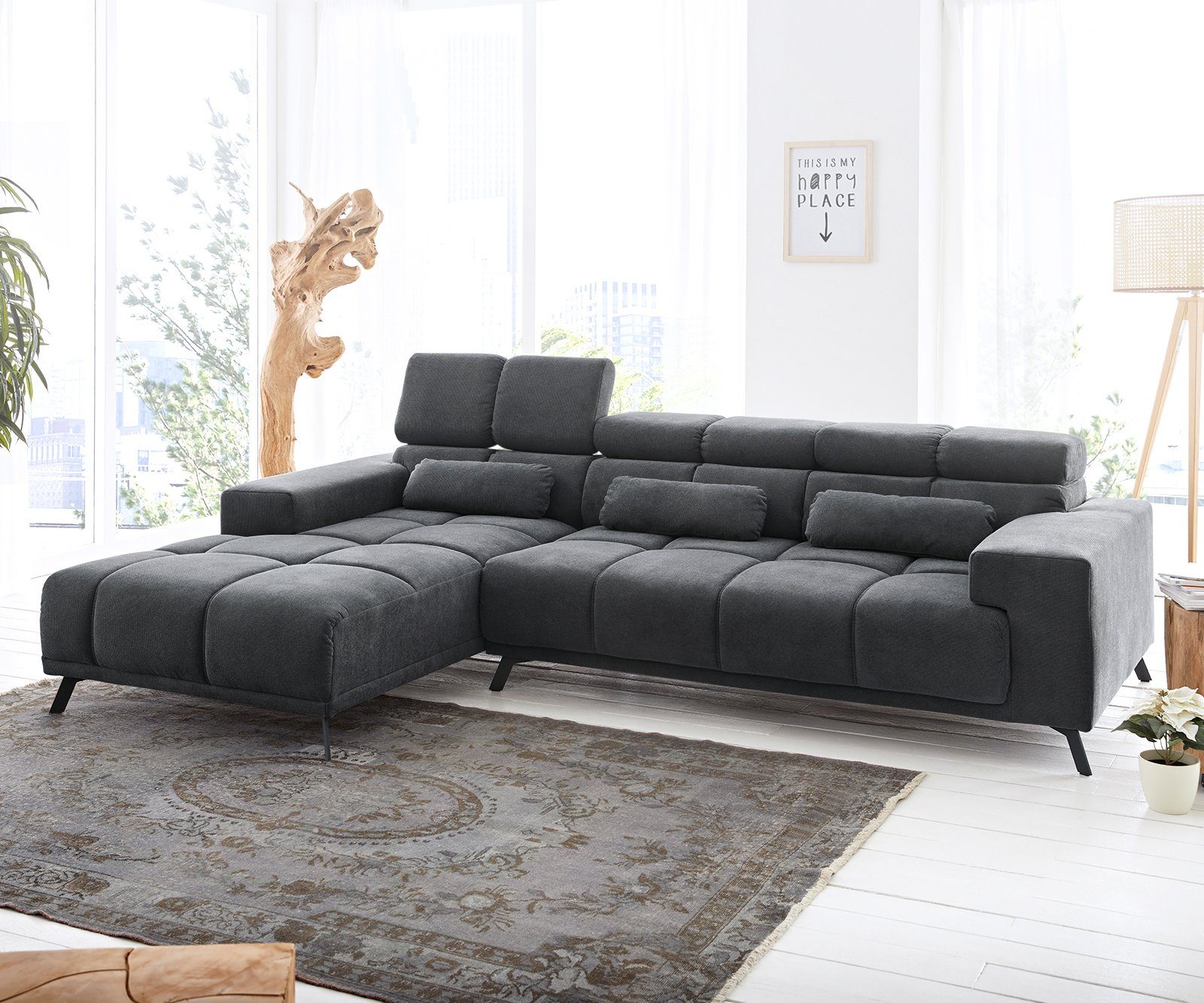 DELIFE Ecksofa Ordino, Mikrofaser Schwarz 285x200 Ottomane links Relaxfunktion Ecksofa