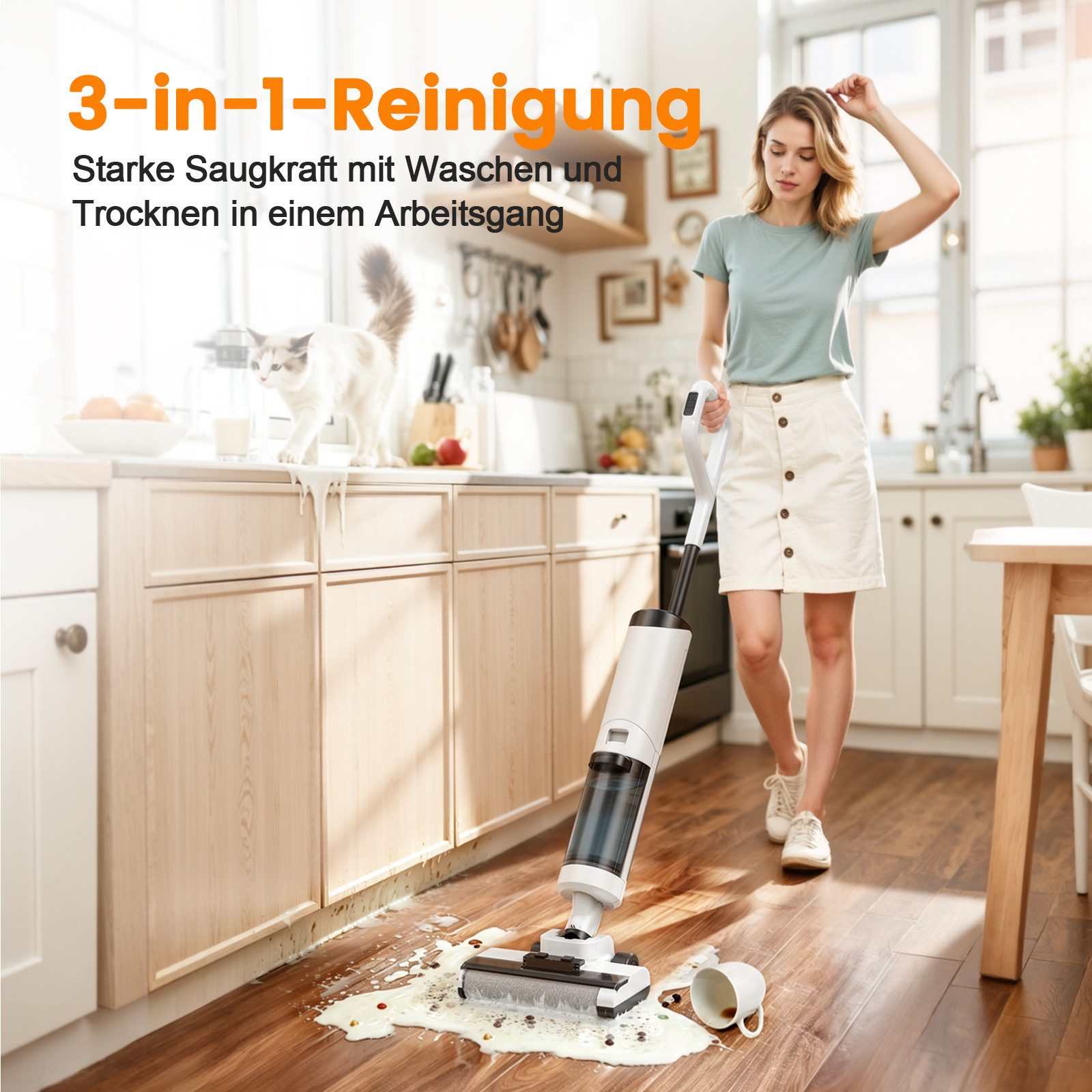 INSE Bodenstaubsauger D1 Nass Trockensauger, 150 W, beutellos, 150W 20KPa Akku Staubsauger mit Wischfunktion, 180°Lay-Flat, 40min