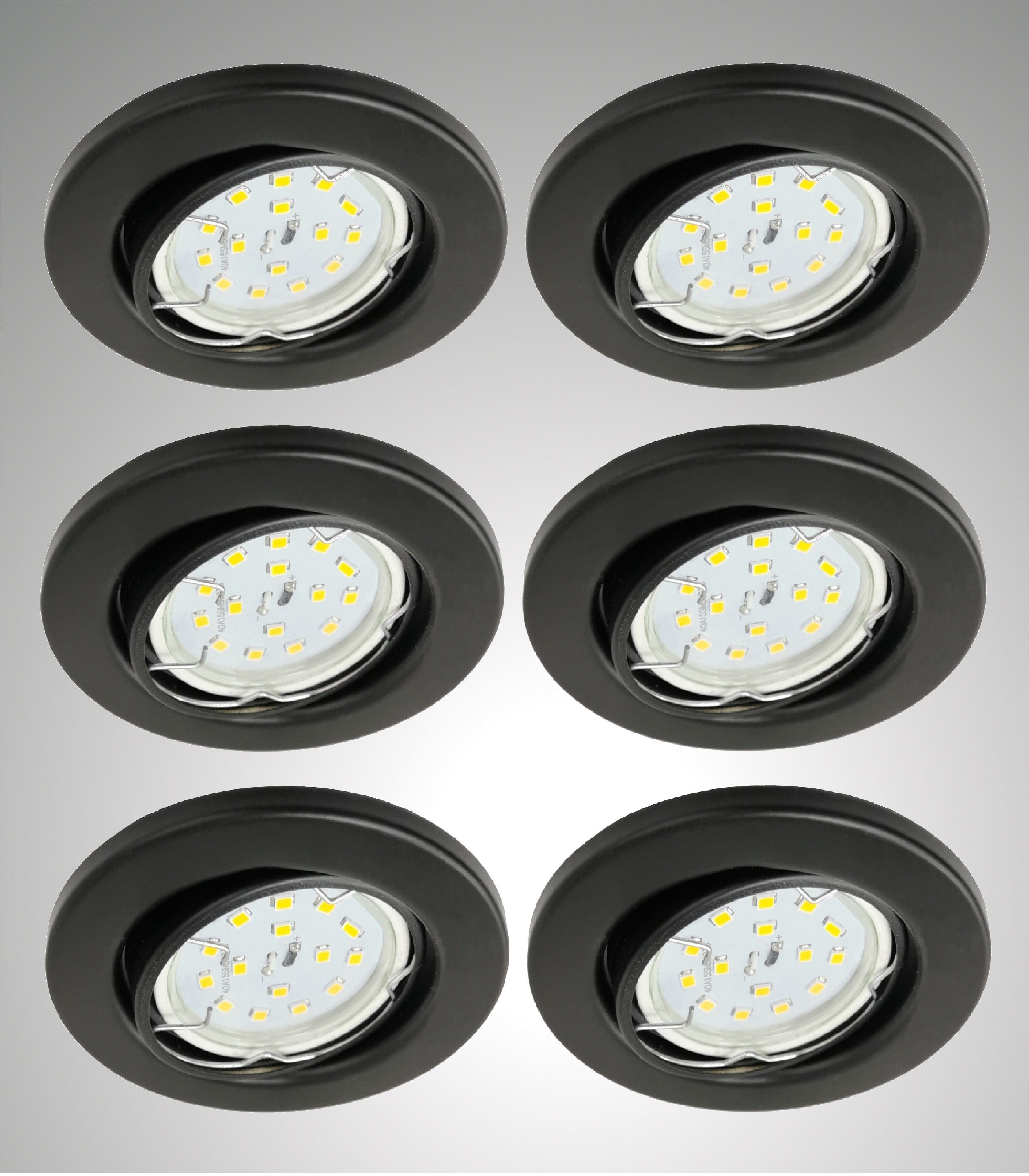 TRANGO LED Einbauleuchte, Dimmfunktion, 6er Set 6729-065MOSD LED Einbaustrahler in Schwarz matt Rund incl. 6x 5 Watt 3 Stufen dimmbar Ultra Flach LED Modul 3000K warmweiß, Warmweiß, Deckenspot, Einbauspot, Deckenleuchte