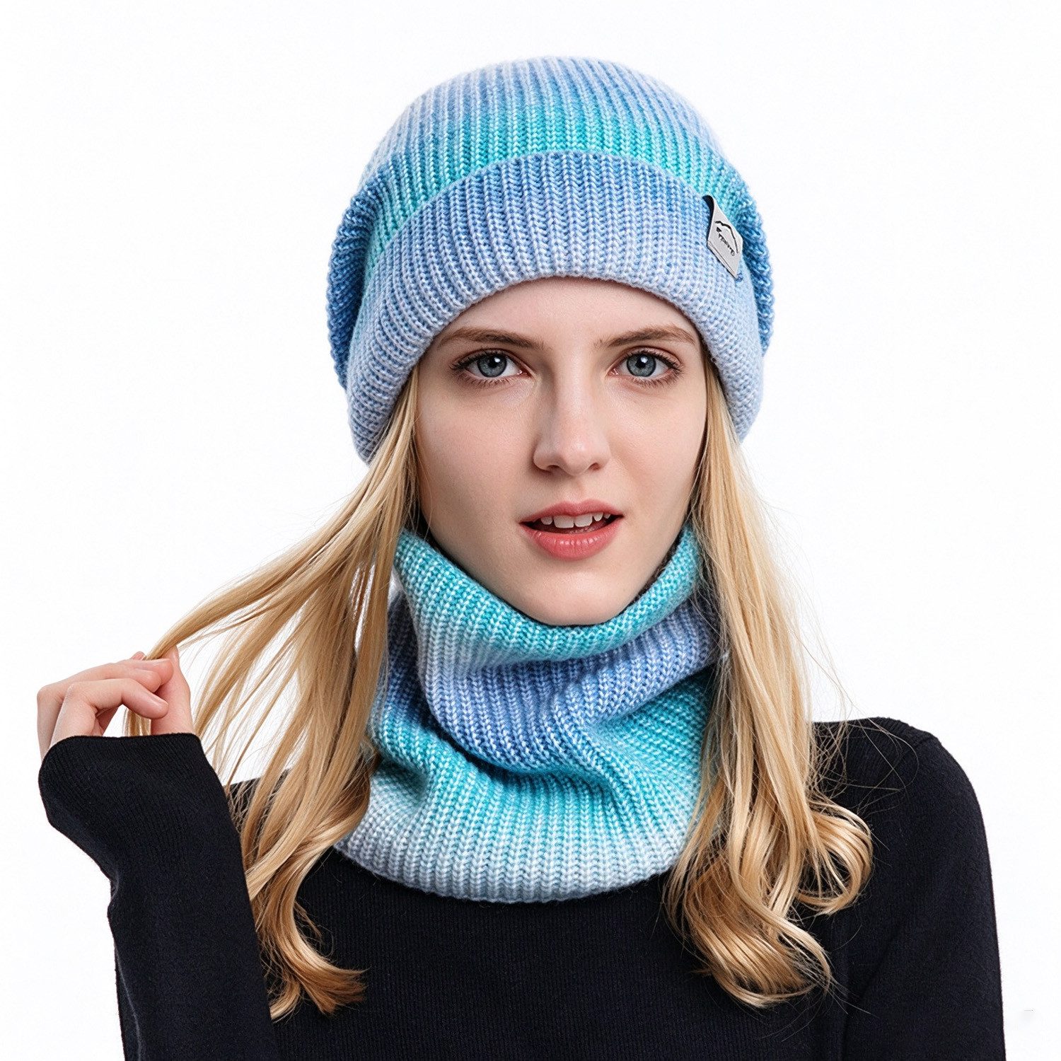 BOOD Mütze & Schal Winter Strickset Damen Mütze + Schal, Farbverlauf, kuschelig warm (Packung, 2-tlg., Warm für Outdoor, Skifahren und Alltag, tolles Weihnachtsgeschenk) Gestricktes Mütze-Schal-Set, Acryl mit Farbverlauf, Einheitsgröße
