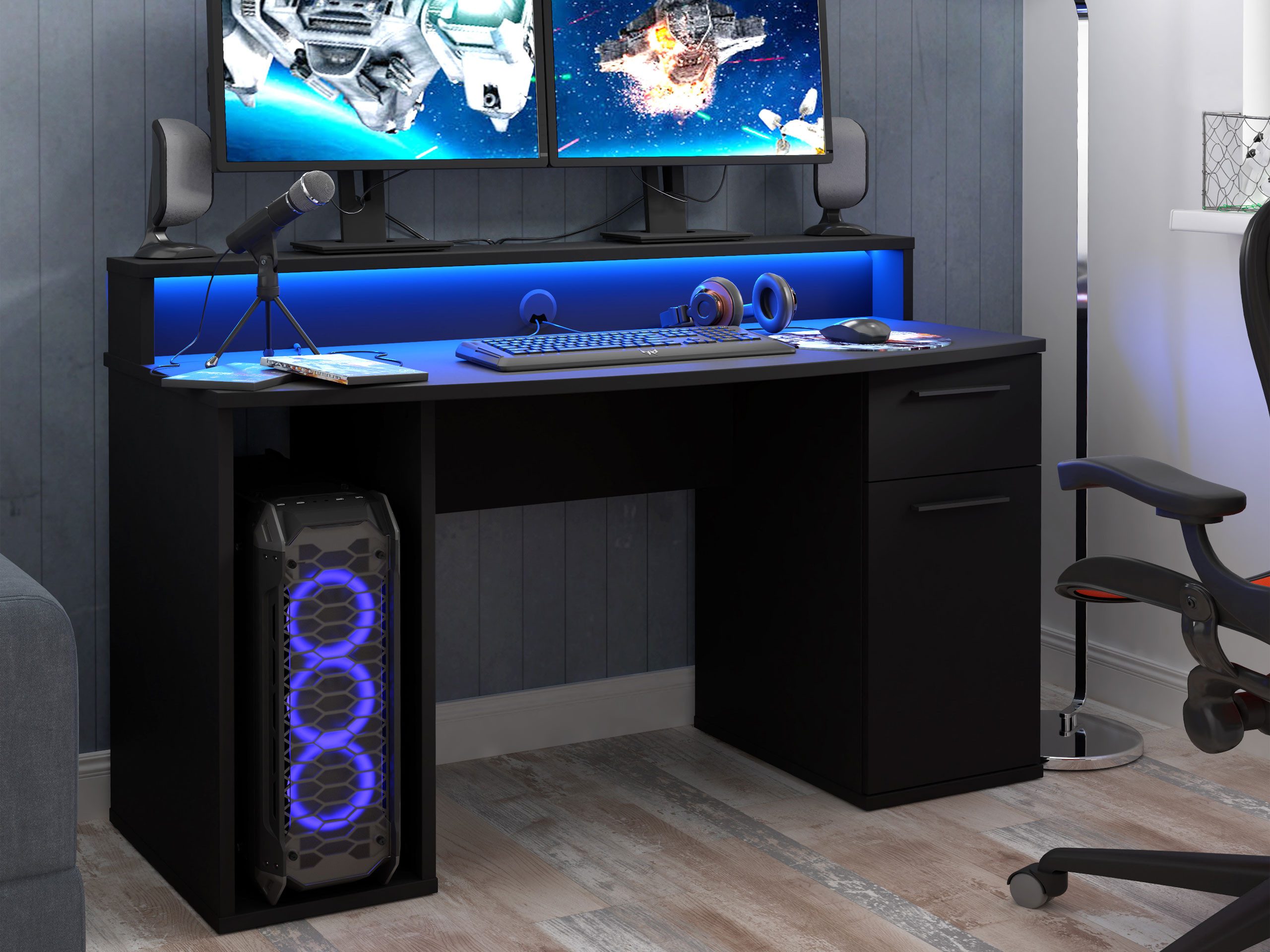 MIRJAN24 Schreibtisch Ayo (mit Tür und Schublade), Beleuchtung LED RGB mit Fernbedienung, Gaming
