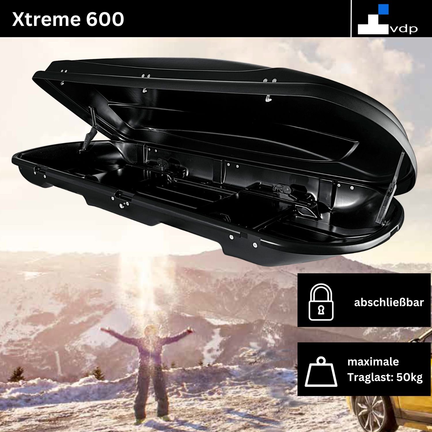 VDP Dachbox, (Winterausrüstung Liter Skibox Ski 400,500,600 der geschützt), mit Dachbox Snowboard Xtreme sicher Skibox