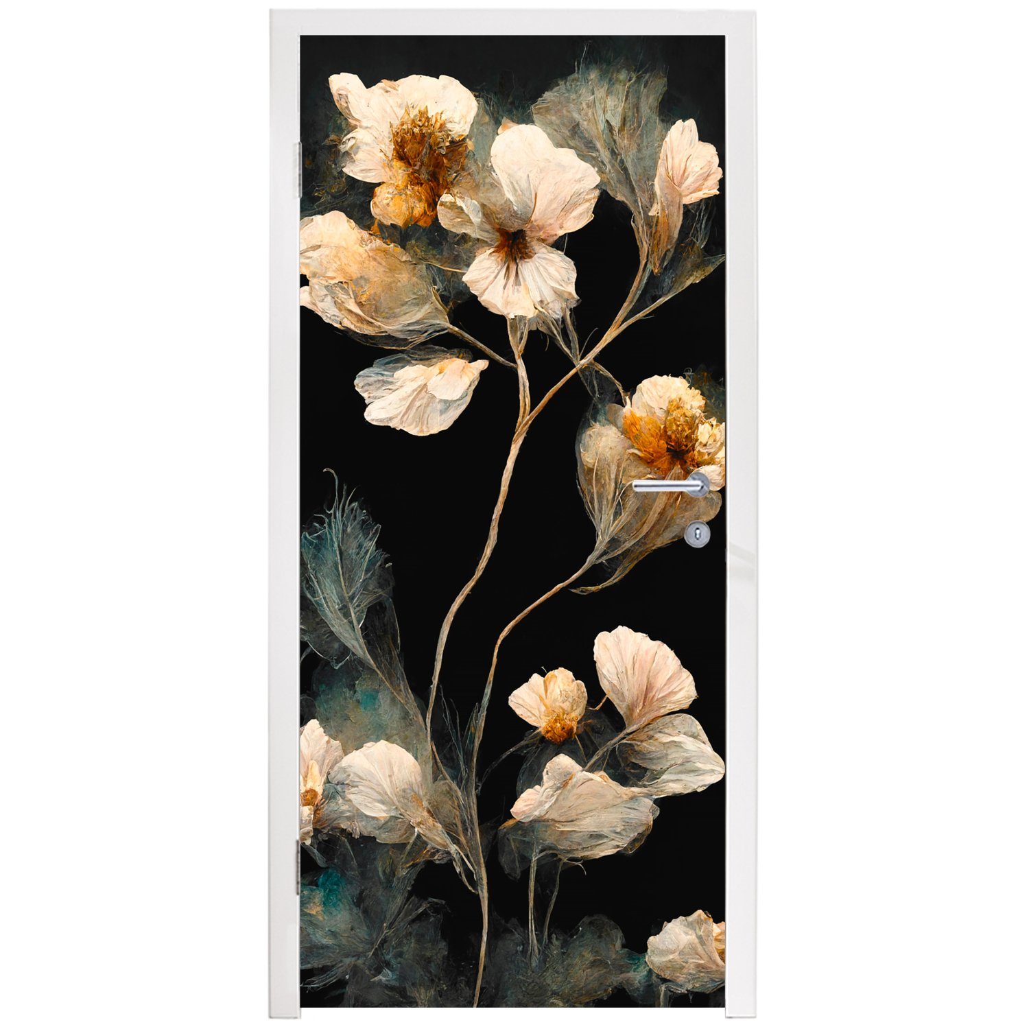 MuchoWow Türtapete Blumen (1 Schwarz - 75x205 Matt, Pflanzen Türaufkleber, Vintage, Tür, - cm bedruckt, Fototapete für - St)