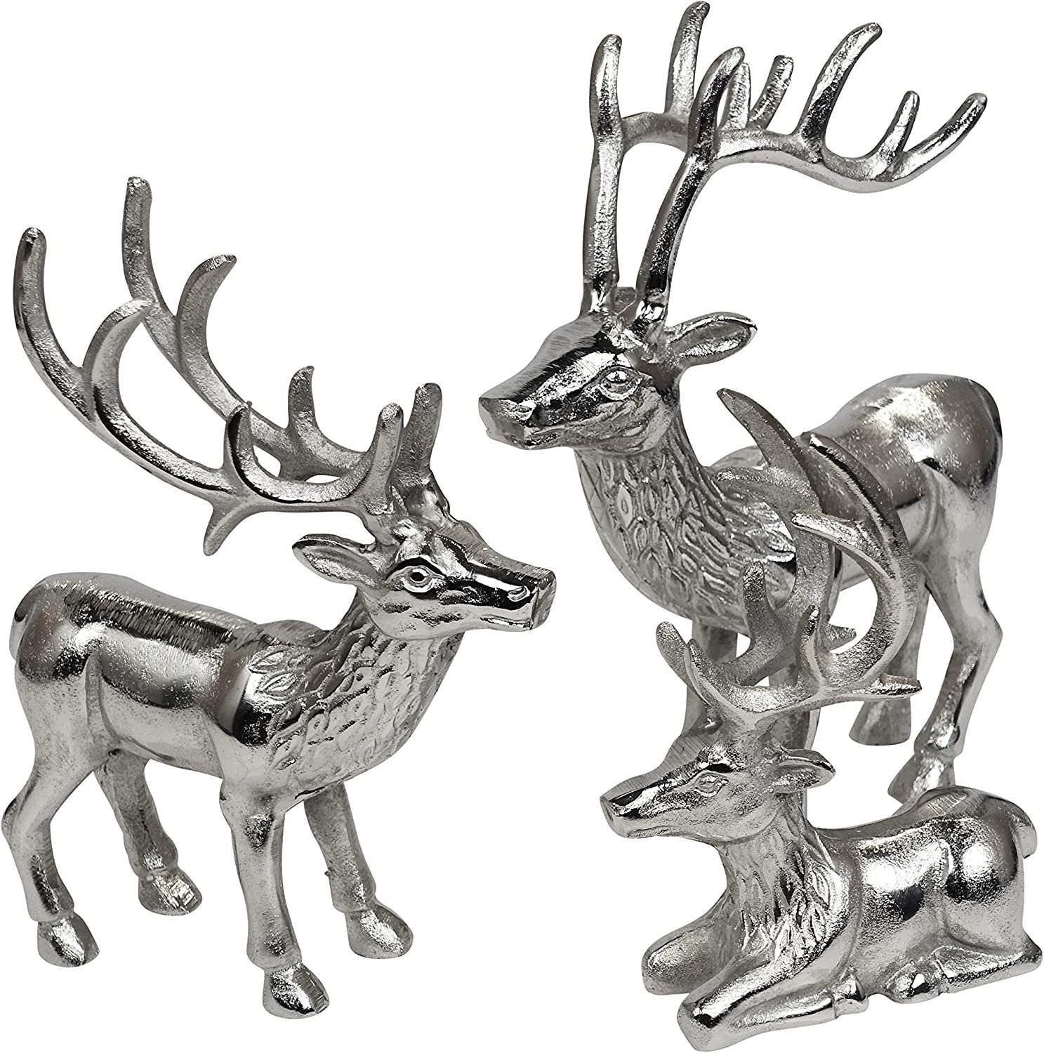 MichaelNoll Dekofigur Hirsch 3er Set - Liegend, stehend - Rentier Aluminium Metall Silber - Figur Statue Dekofigur - Deko für Wohnzimmer, Küche, Schlafzimmer - Weihnachten Winter - Hirschgeweih Dekoration