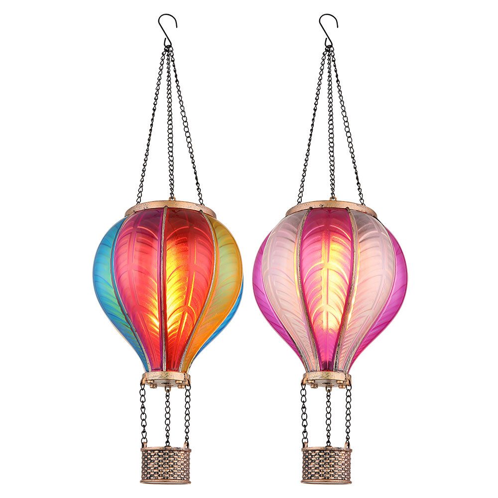 GLOBO LIGHTING LED Solarleuchte, LED-Leuchtmittel fest verbaut, Warmweiß, Solarlampe Außenlampe Heißluftballon Feuereffekt pink bunt H 46,5cm 2x