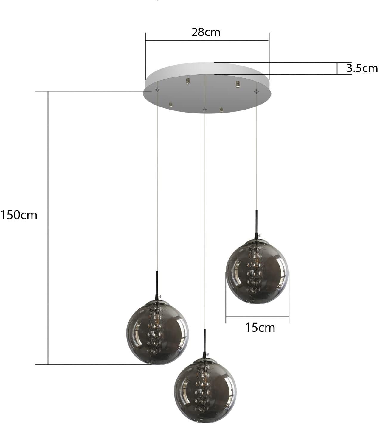 ZMH Pendelleuchte LED Warmweiß, Glas Kronleuchter 3-Flammig Grau Höhenverstellbar LED wechselbar, Wohnzimmerlampe