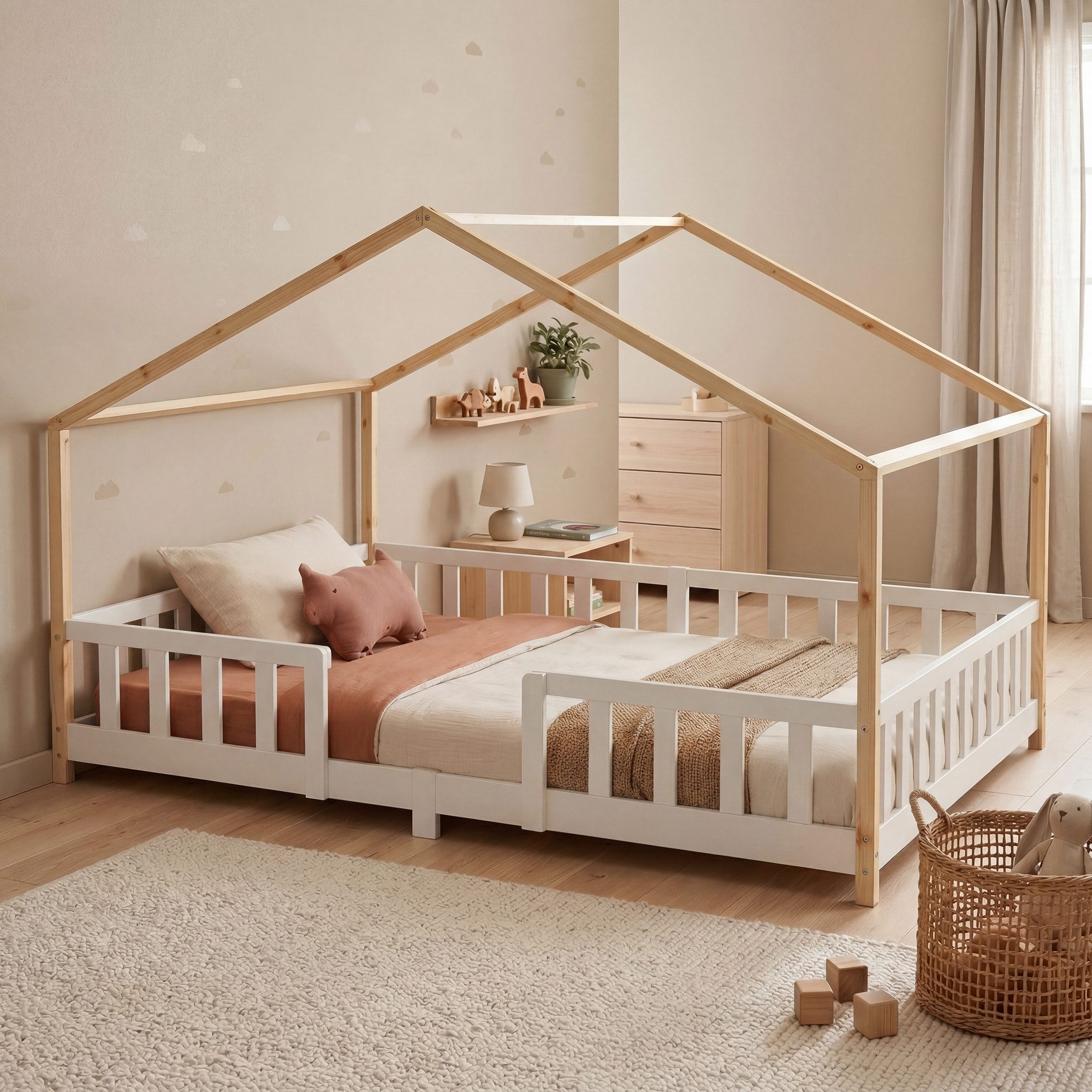 en.casa Kinderbett, »Treviolo« Haus-Optik Montessori 140x200 cm Weiß/Natur
