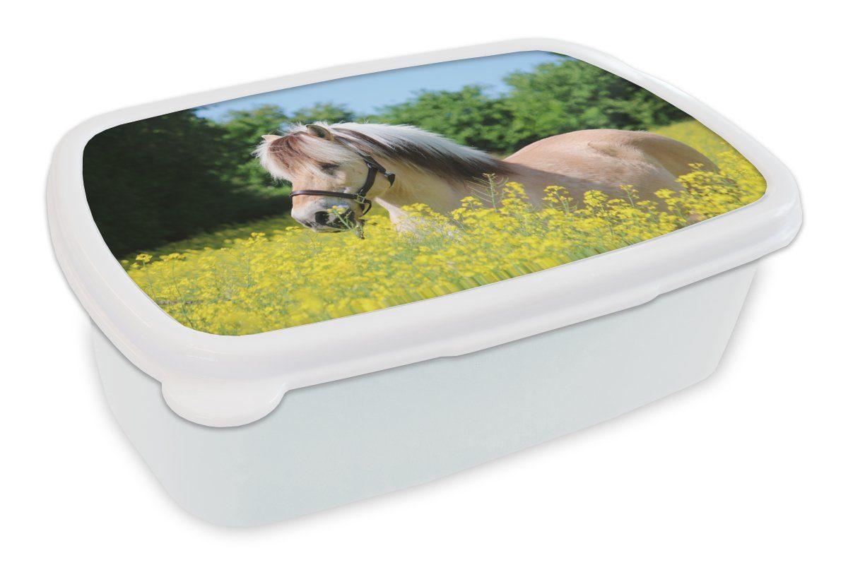 MuchoWow Lunchbox Pferd - Blumen - Gelb, Kunststoff, (2-tlg), Brotbox für Kinder und Erwachsene, Brotdose, für Jungs und Mädchen weiß