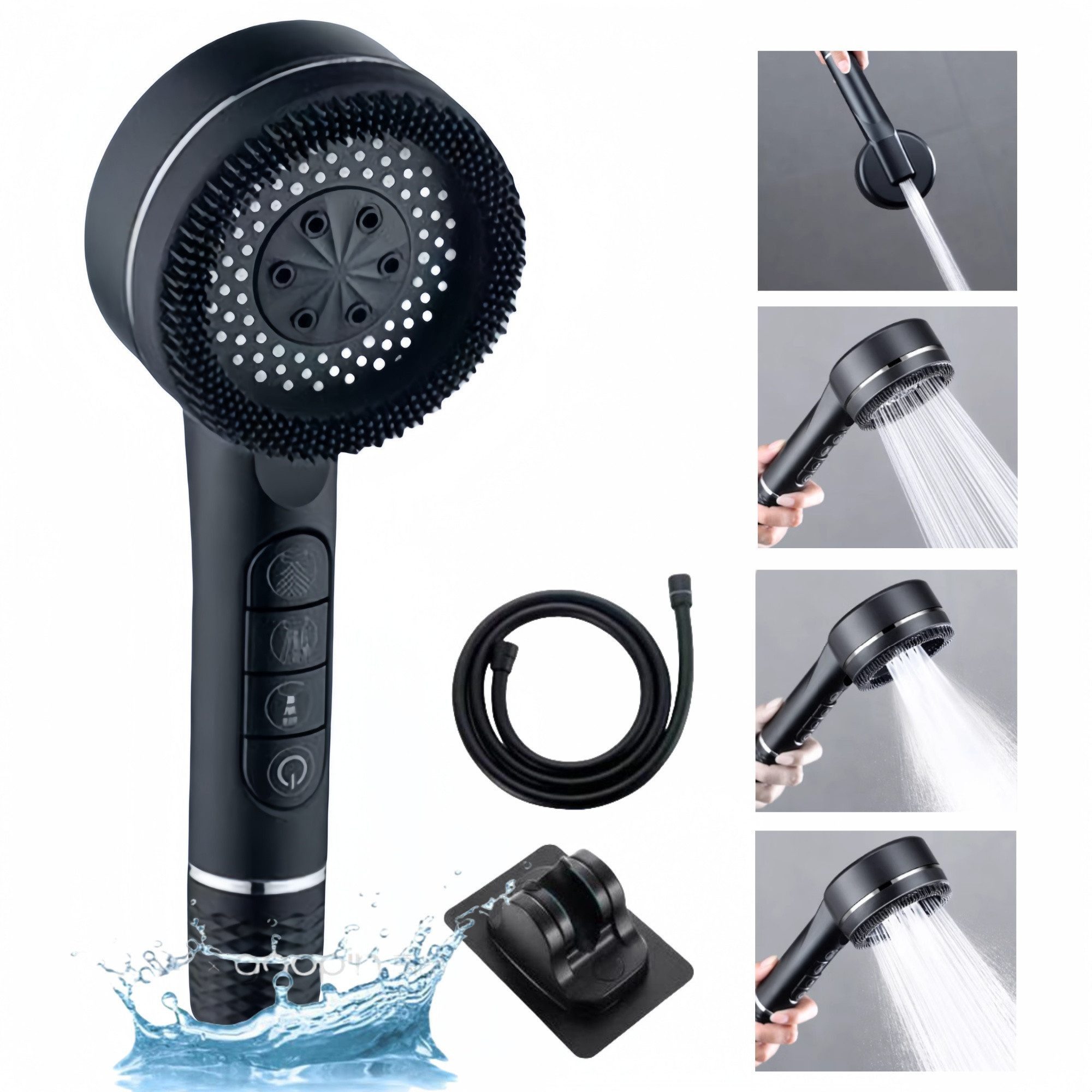 ibettertec Duschbrause Handbrause Handbrause Duschkopf mit Hohem Druck, (Duschkopf, Schlauch, Halterung, Montagematerial), 4 Strahlarten, Ein-Knopf-Stopp, Filtersystem, Anti-Kalk-Düsen, sparsam
