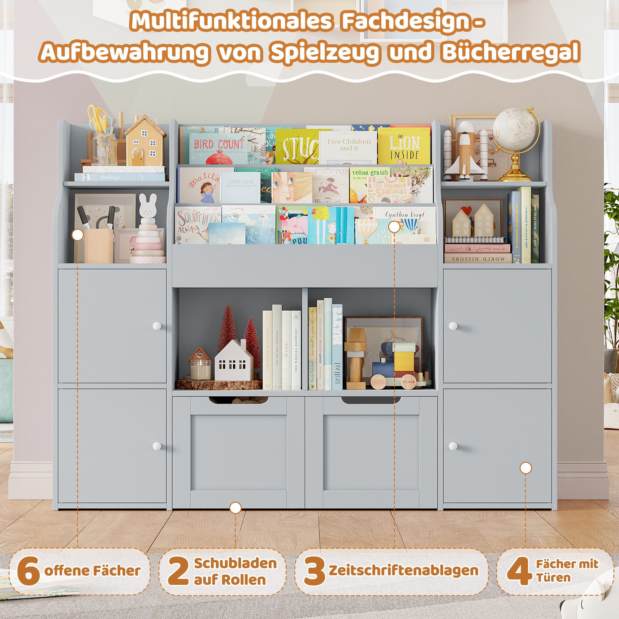 Homfa Kinderregal Spielzeugtruhe mit 2 Schubladen auf Rollen Bücherregal, Kinderbücherregal Spiegelregal mit Tür 126x104x30 cm weiß – Bild 4 von 5