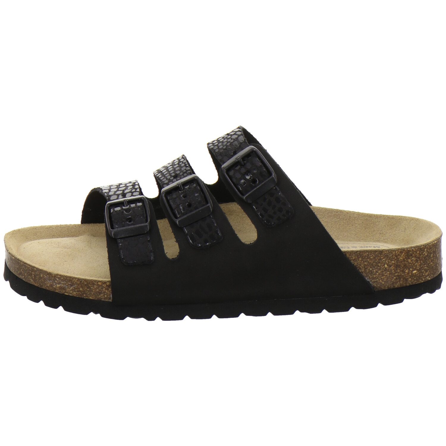 AFS-Schuhe 213397 Dreischnaller Pantolette für Damen mit Fußbett, bequeme Sandalen aus Leder