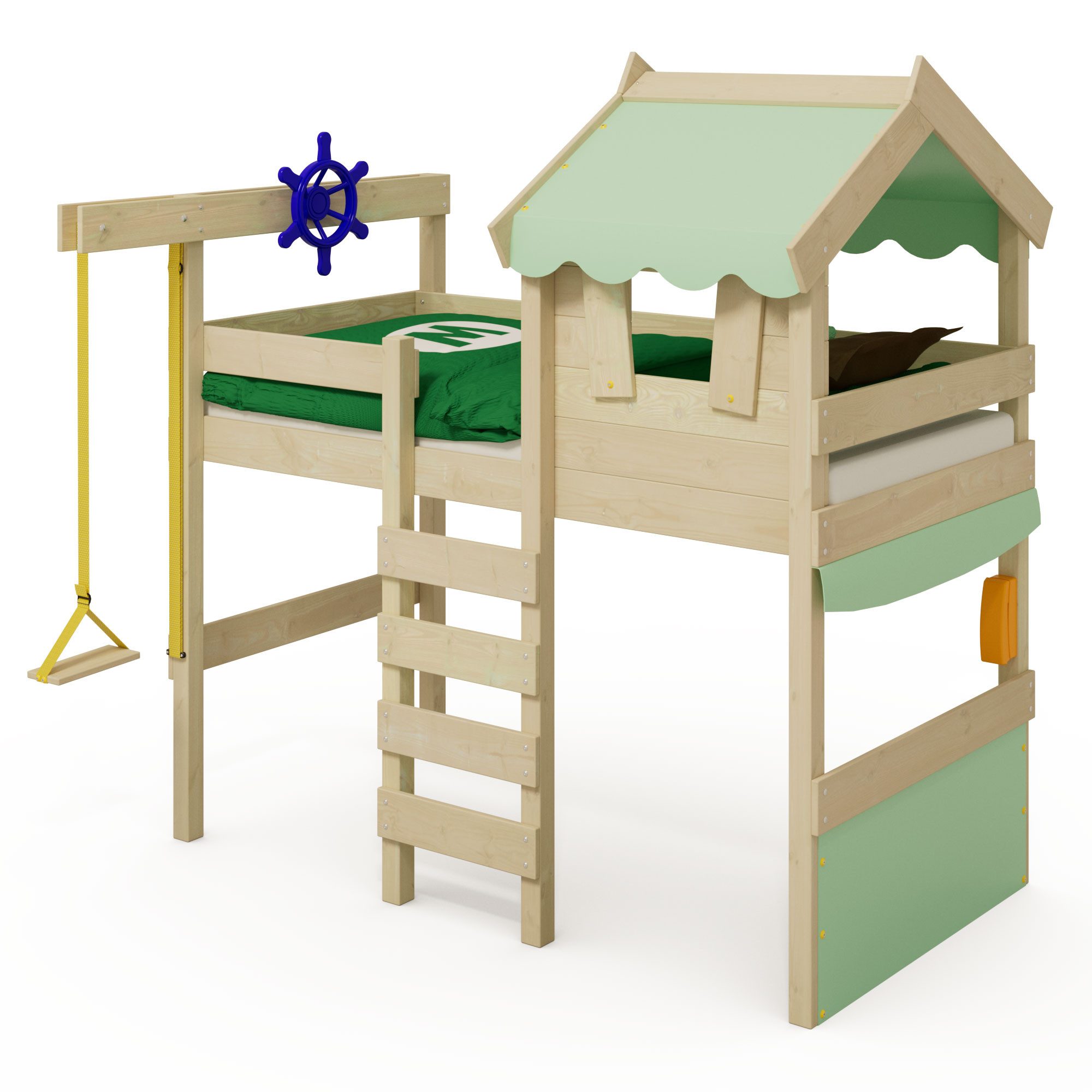Wickey Kinderbett Hochbett aus Holz Crazy Gloomy – Robustes Abenteuerbett für Kinder (Etagenbett mit Kletterleiter für Kinder), Massivholz