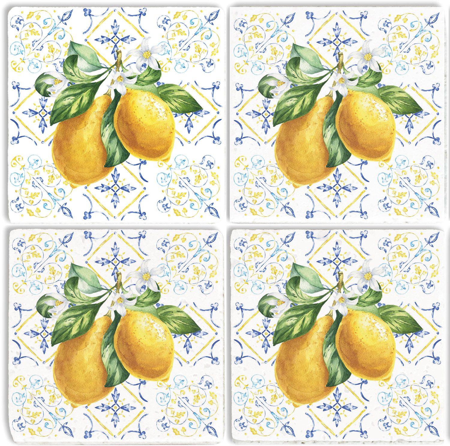 queence Getränkeuntersetzer Zitronen Mosaik Motiv Fliesen Steine, Set, 4-tlg., Zitronen Set Topfuntersetzer Naturstein Untersetzer 10x10x1cm