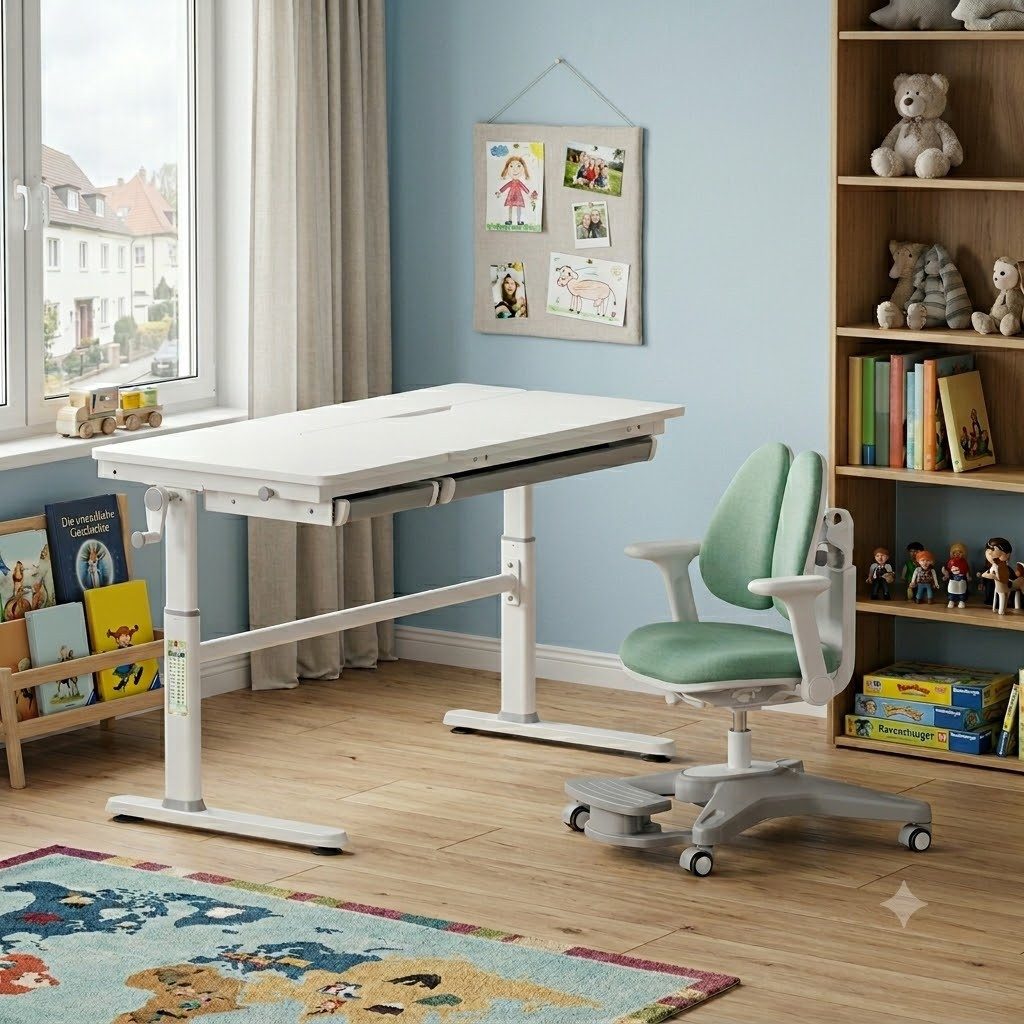 HOKO Kinderschreibtisch höhenverstellbar für Kinderzimmer (Tisch-Stuhl-Set, Schreibtisch mit neigbarer Tischplatte und Schubladen, Kinderstuhl mit verstellbare Sitzhöhe und Rückenlehne, 80x40 cm neigbare Tischplatte, von 43 bis 54 cm verstellbare Sitzhöhe), 120x60 cm Arbeitsfläche, Weiß-Grün, ELIN & ANTON