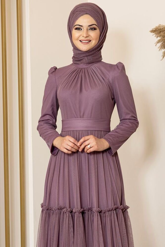 Modavitrini Abendkleid Tüllkleid mit Rüschenrock Abiye Hijab Lycra Lila Maxikleid Abaya Kleid mit