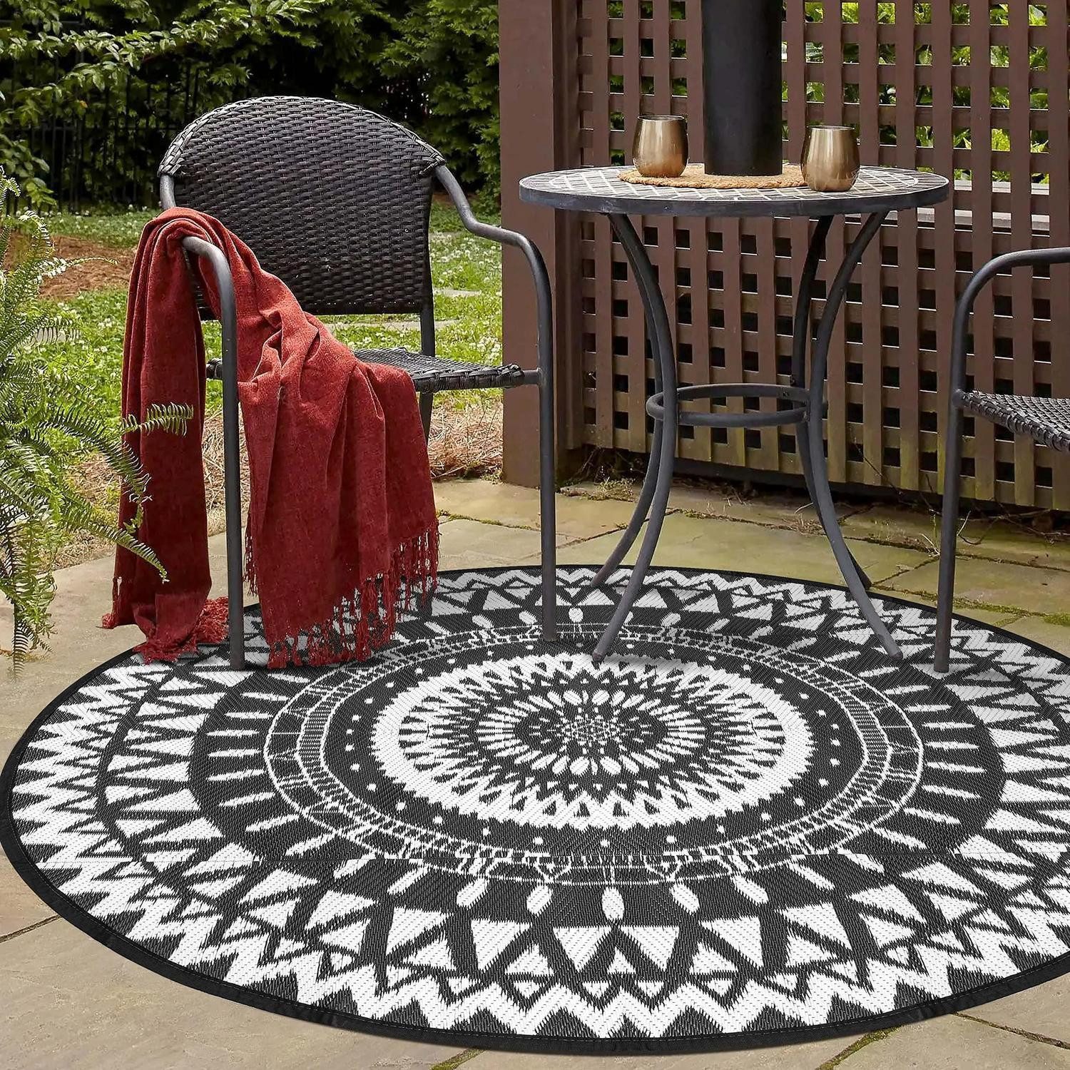 LuxusKollektion Outdoorteppich Runder Outdoor-Teppich kariert Schwarz/Weiß 1.5m, rund, Höhe: 5 mm