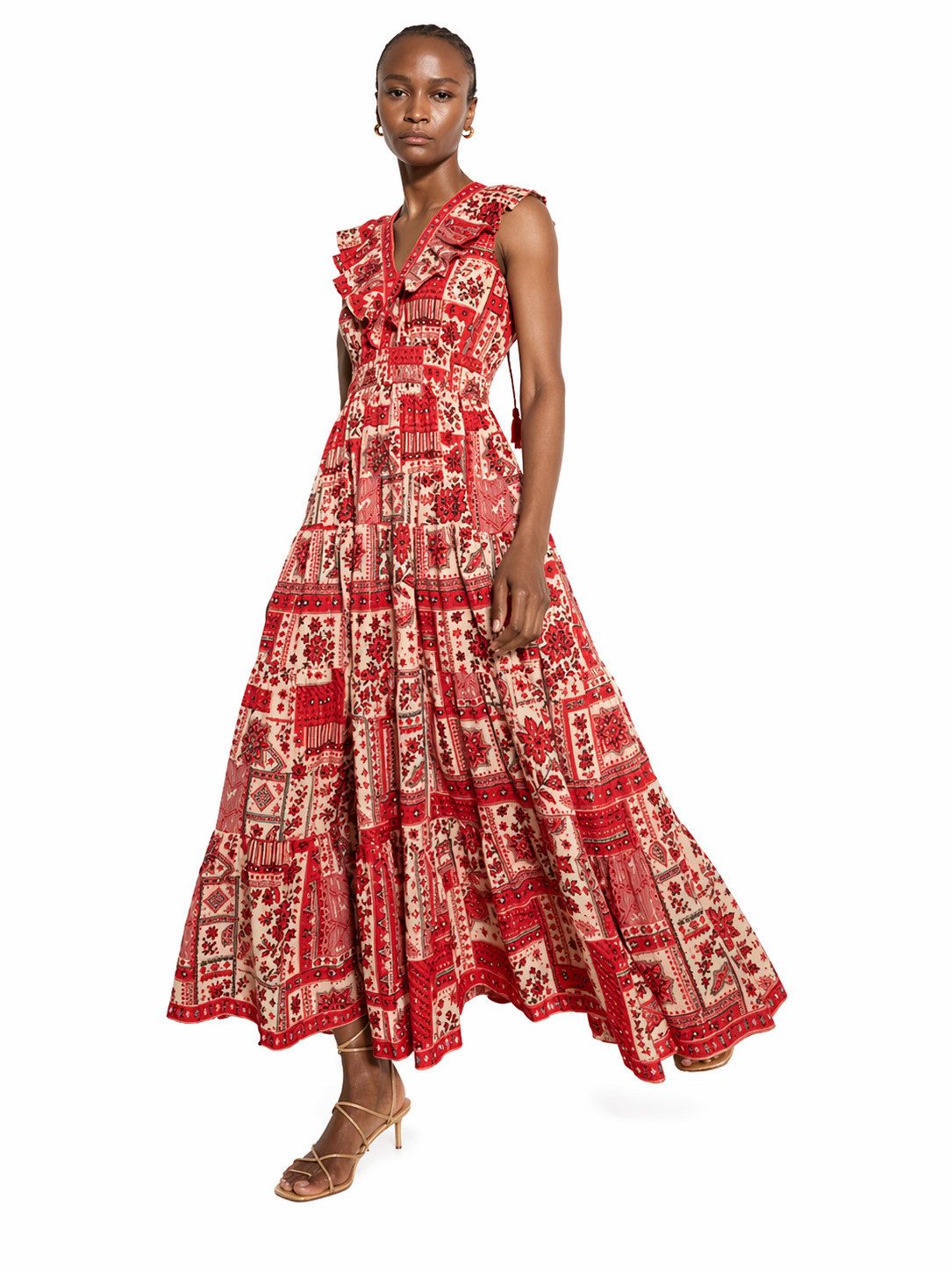 Apricot Druckkleid Schimmerndes Midaxi-Kleid mit Schalsprint und Stufen