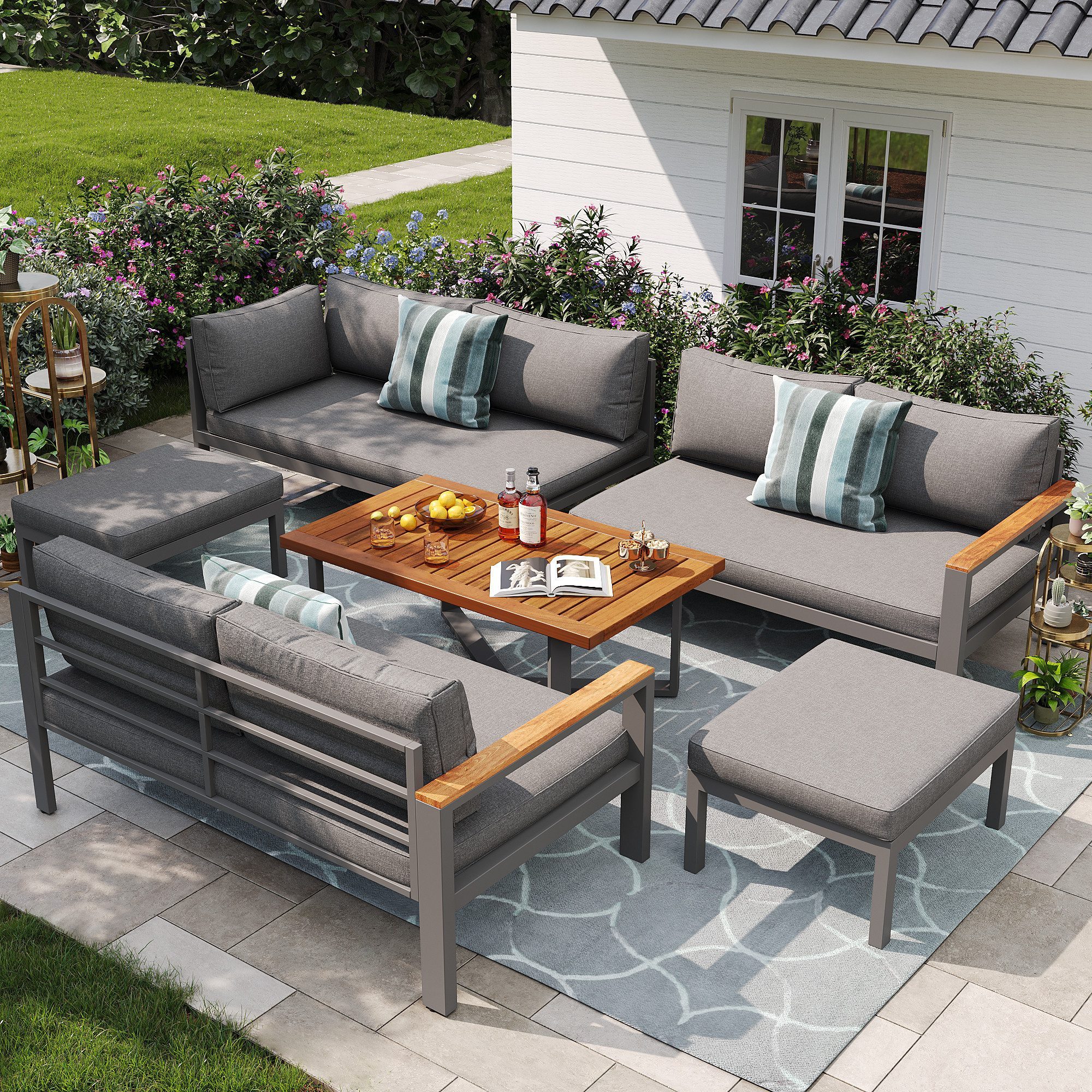 Celya Gartenlounge-Set für 7-8 Personen,Modern Lounge-Garnitur für Garten,Balkon und Terrasse, (3 Doppelsofas, 2 Einzelsofas, 1 Tisch,Gestell aus verzinktem Eisen), Terrassenmöbel Set,Gartensitzgruppe für Ess- und Sitzgruppen im Freien
