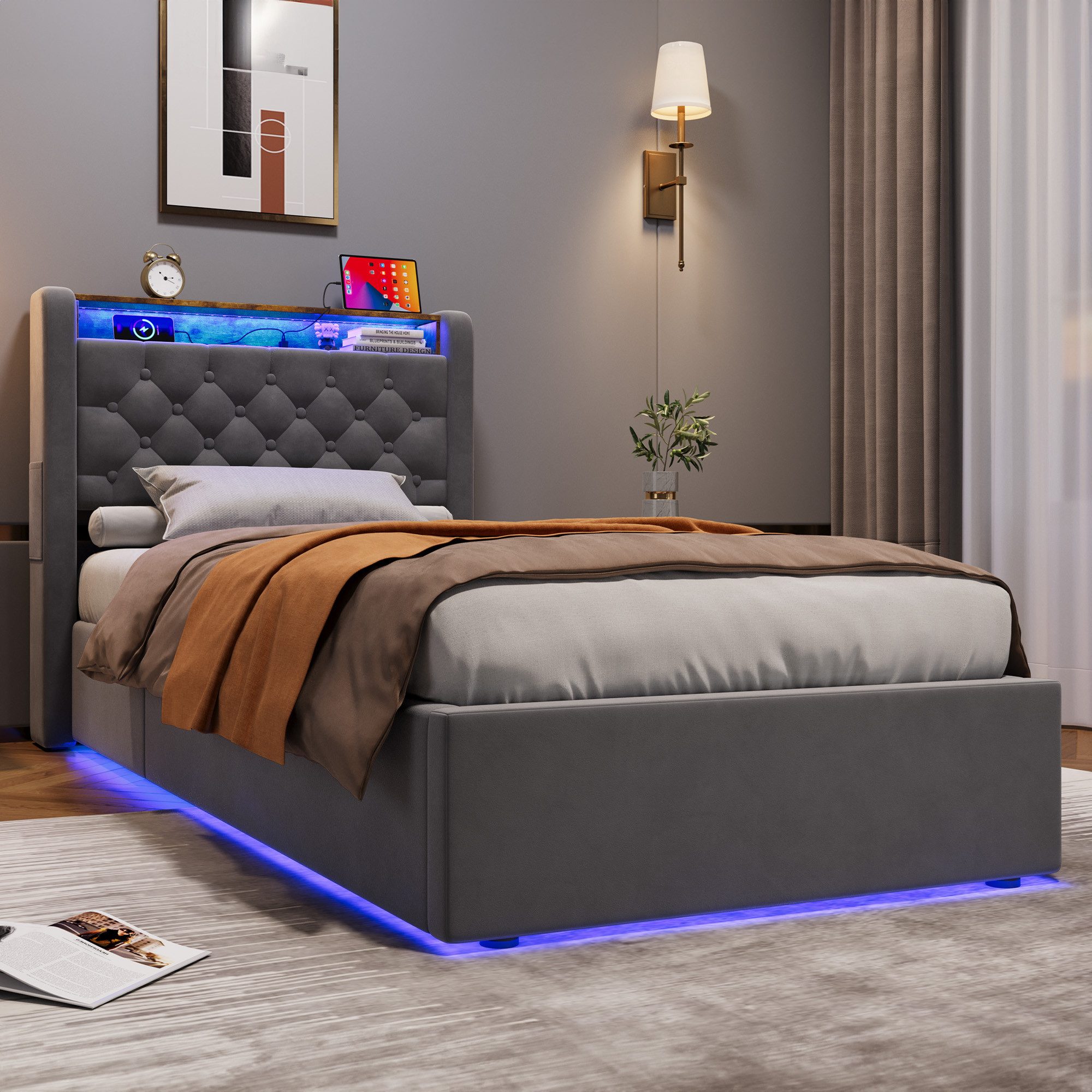 REDOM Polsterbett Hollandvelours-Bezug, mit Stauraum & Ablage (Funktionsbett, 1-tlg., Robuster Metallrahmen, Lattenrost inklusive, ohne Matratze), 90x200 cm mit – Bild 4 von 5