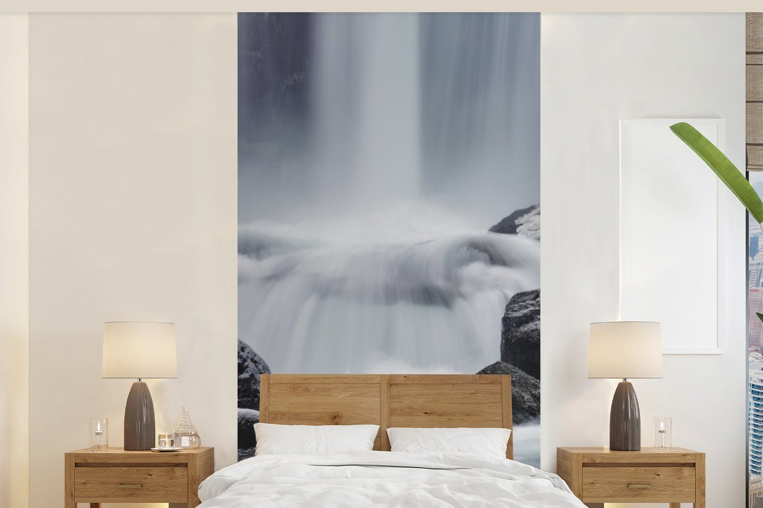 MuchoWow Fototapete Wasserfall - Steine - Natur, Matt, bedruckt, (2 St), Vliestapete für Wohnzimmer Schlafzimmer Küche, Fototapete