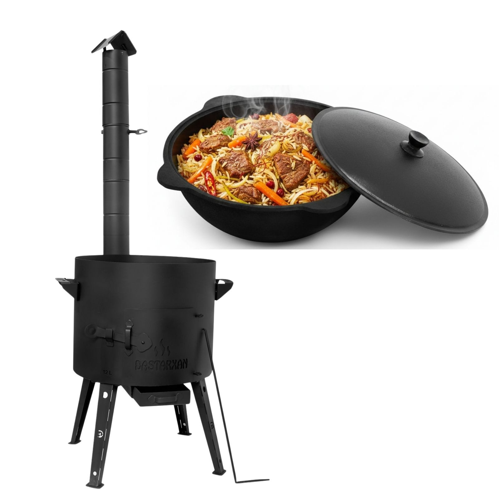 BIG-PAN Feuerstelle Ø49cm Uchag 2mm Stahl Abzugsrohr 22L Kazan Kasan Utschak Feldküche