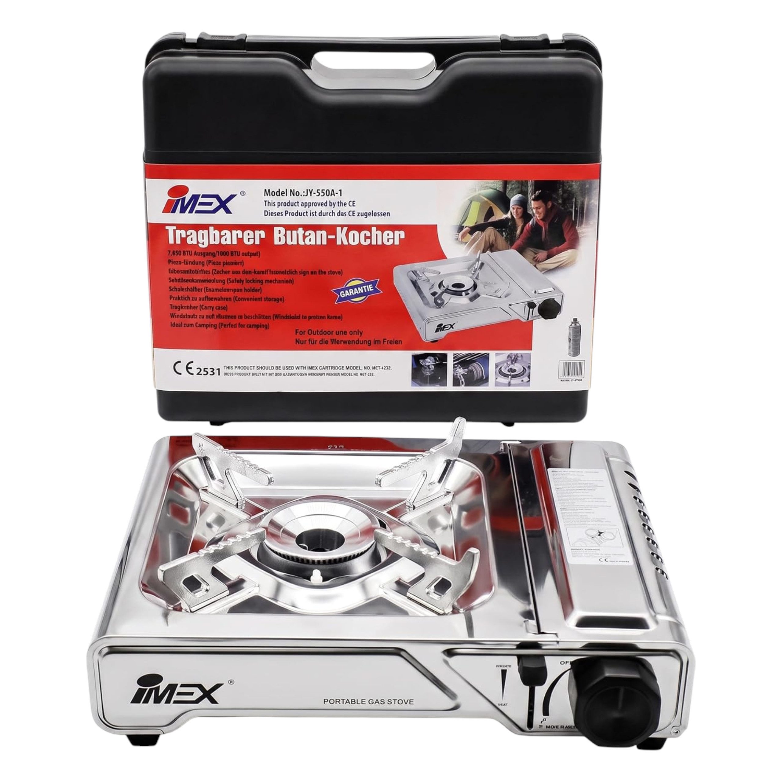 IMEX Gaskocher JY550A-1 Butan Gaskocher 2200 W mit Piezo-Zündung und Transportkoffer