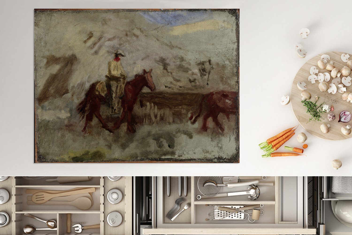 Arbeitsfläche Thomas Gemälde der nutzbar, in von MuchoWow Mobile Ceranfeldabdeckung (1 Herdblende-/Abdeckplatte Wildnis cm, 70x52 tlg), ein Vinyl, Eakins, Cowboys -