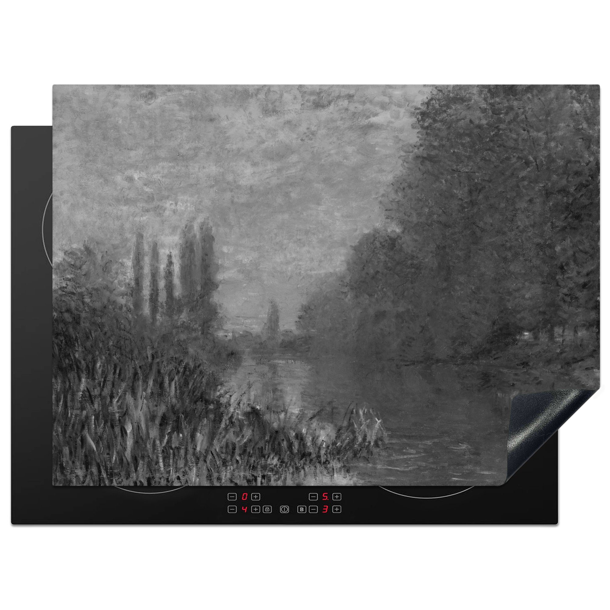 MuchoWow Herdblende-/Abdeckplatte Seine-Ufer im Herbst - Gemälde von Claude Monet in Schwarz-Weiß., Vinyl, (1 tlg), 70x52 cm, Mobile Arbeitsfläche nutzbar, Ceranfeldabdeckung