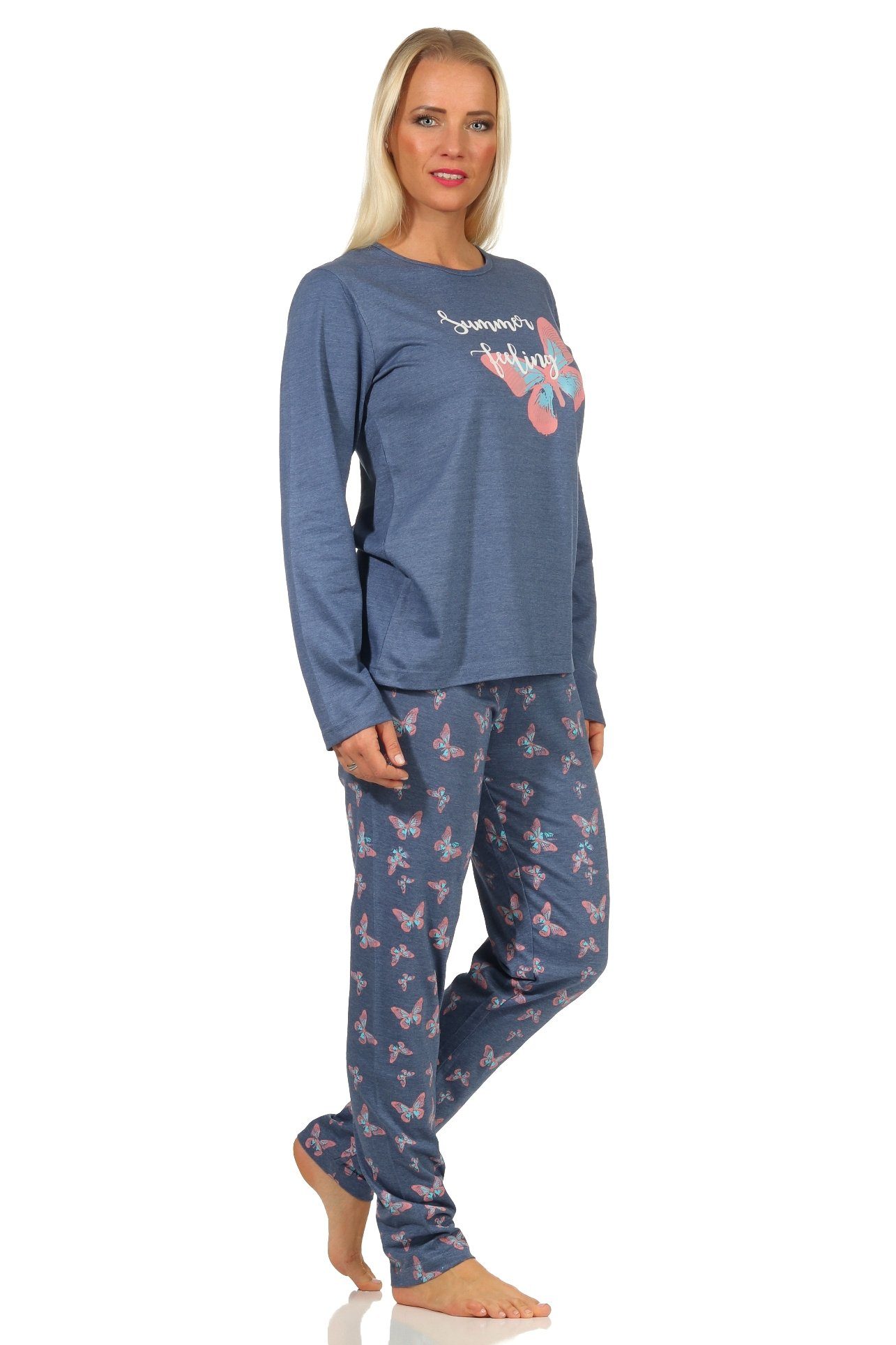 Schmetterlingsmotiv Normann by mit Damen - 10 811 blau 122 Schlafanzug langarm Pyjama RELAX