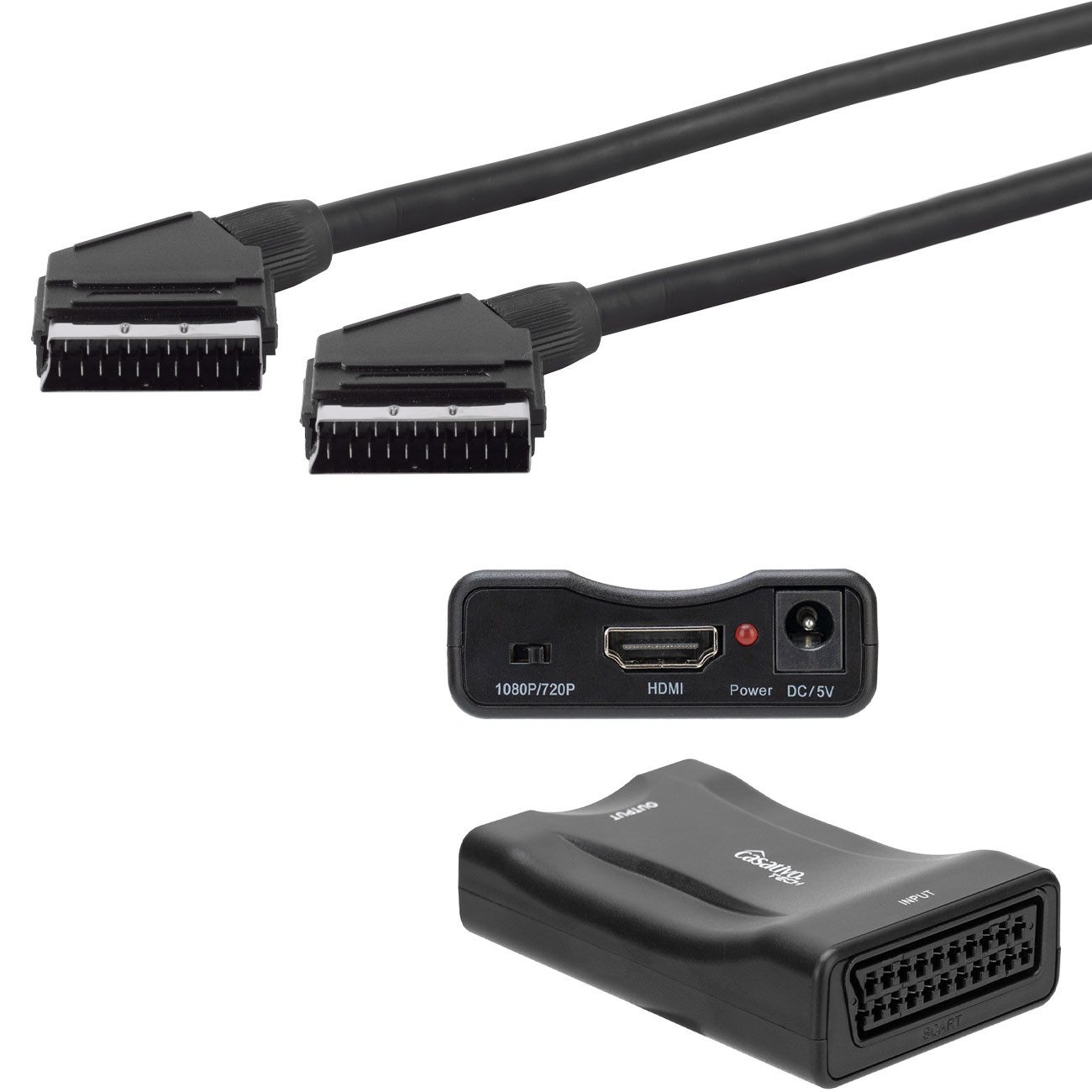 Casativo Scart auf HDMI Konverter 1080p Adapter Set inkl. 1,5m Scart Kabel HDMI-Adapter zu Signal-Konverter (Analog zu Digital / Scart zu HDMI), Plug & Play, Schalter für 720p/1080p, 1,5m Scart-Kabel